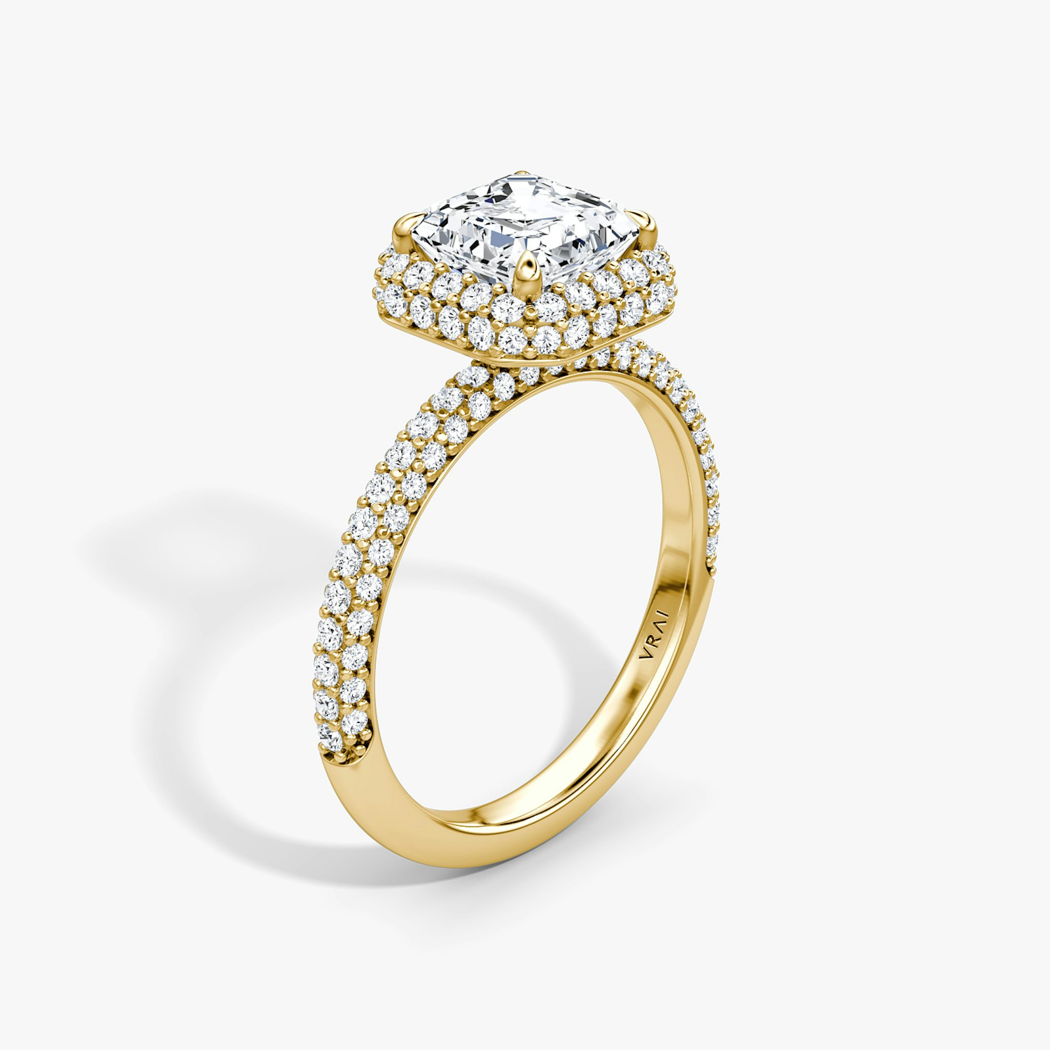 The Halo Dome | Asscher | 18k | Yellow Gold | bandAccent: Pavé | diamondOrientation: vertical | caratWeight: other