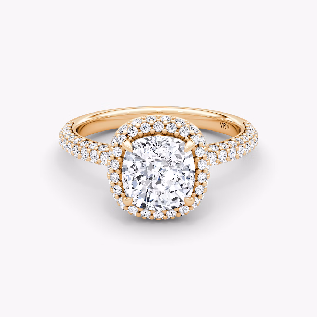 three row dome halo engagement ring cushion pave rose gold