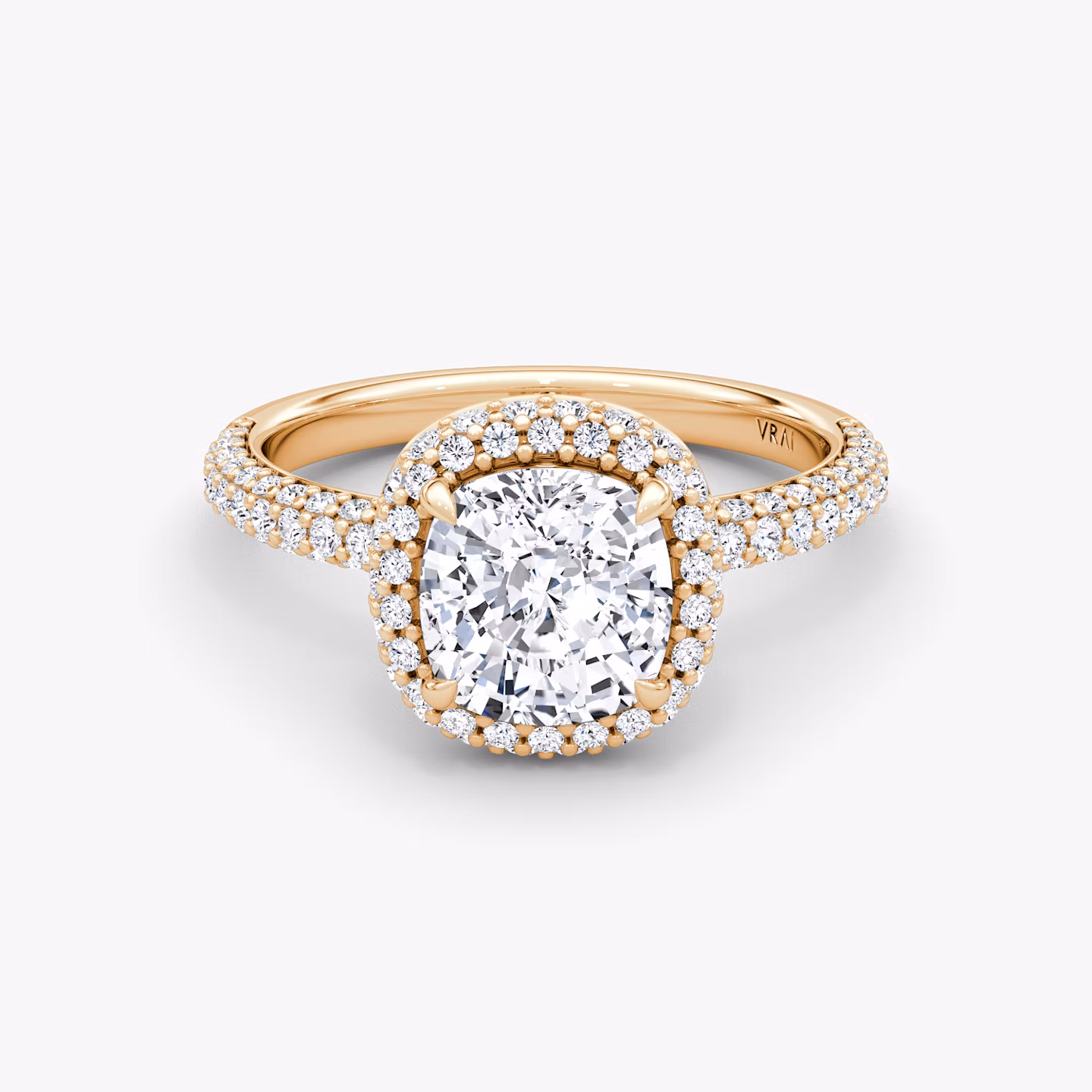 three row dome halo engagement ring cushion pave rose gold