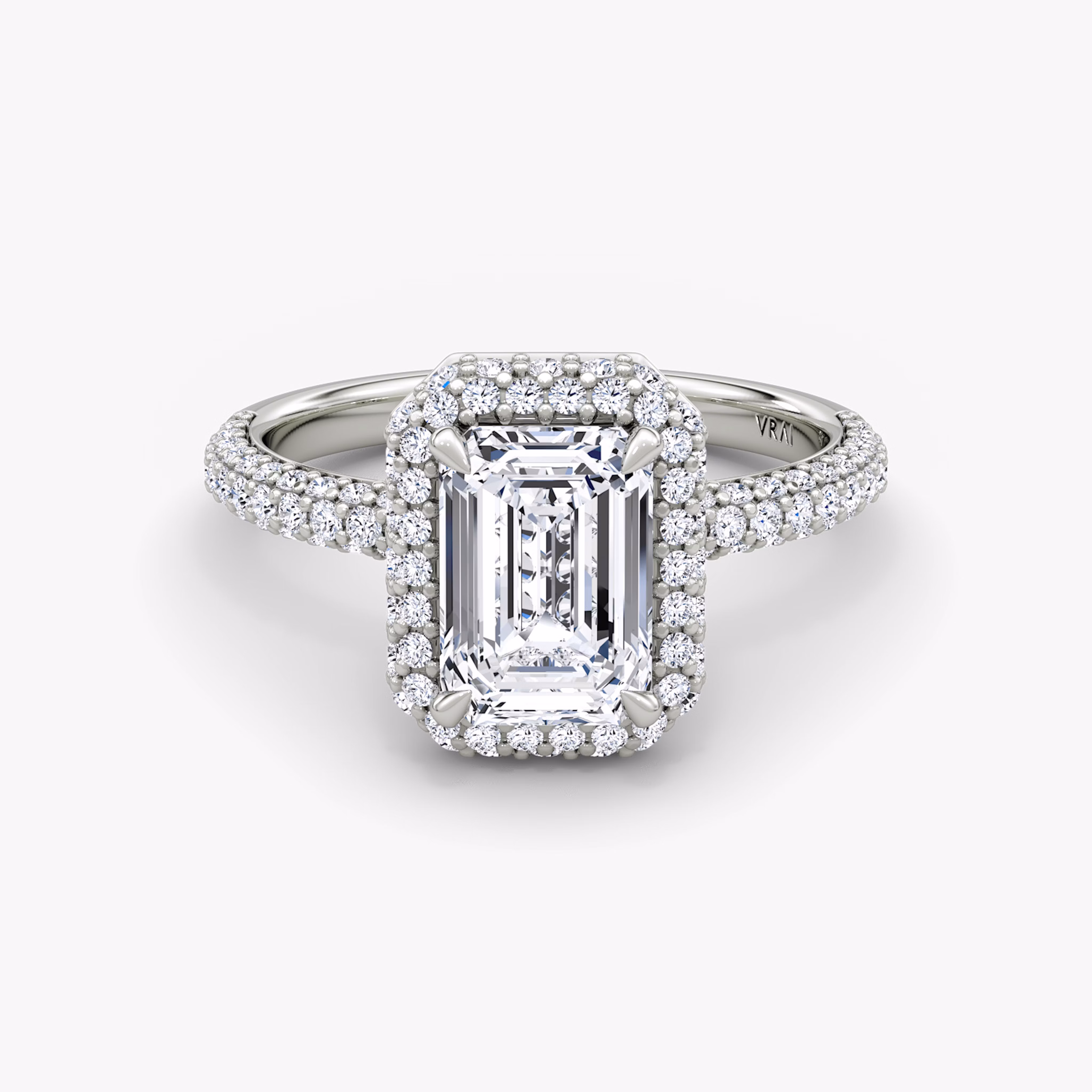 Three Row Dome Halo Engagement Ring Emerald Pave Platinum