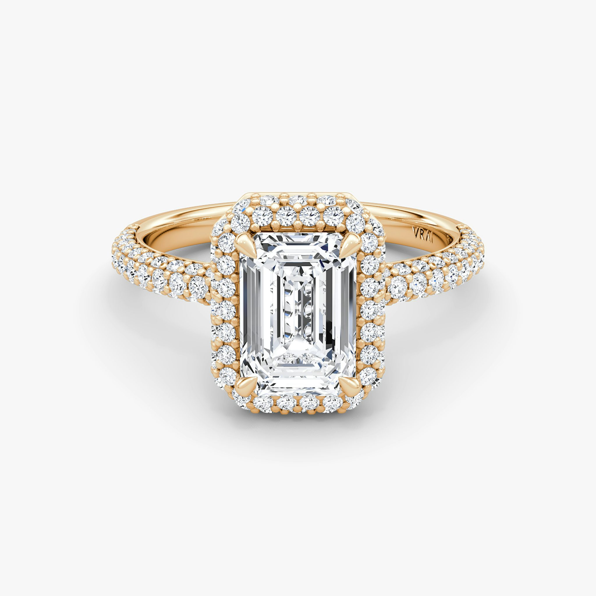 The Halo Dome | Emerald | 14k | Rose Gold | bandAccent: Pavé | diamondOrientation: vertical | caratWeight: other