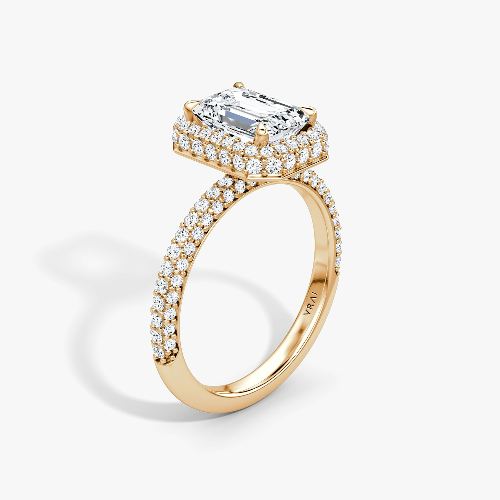 The Halo Dome | Emerald | 14k | Rose Gold | bandAccent: Pavé | diamondOrientation: vertical | caratWeight: other