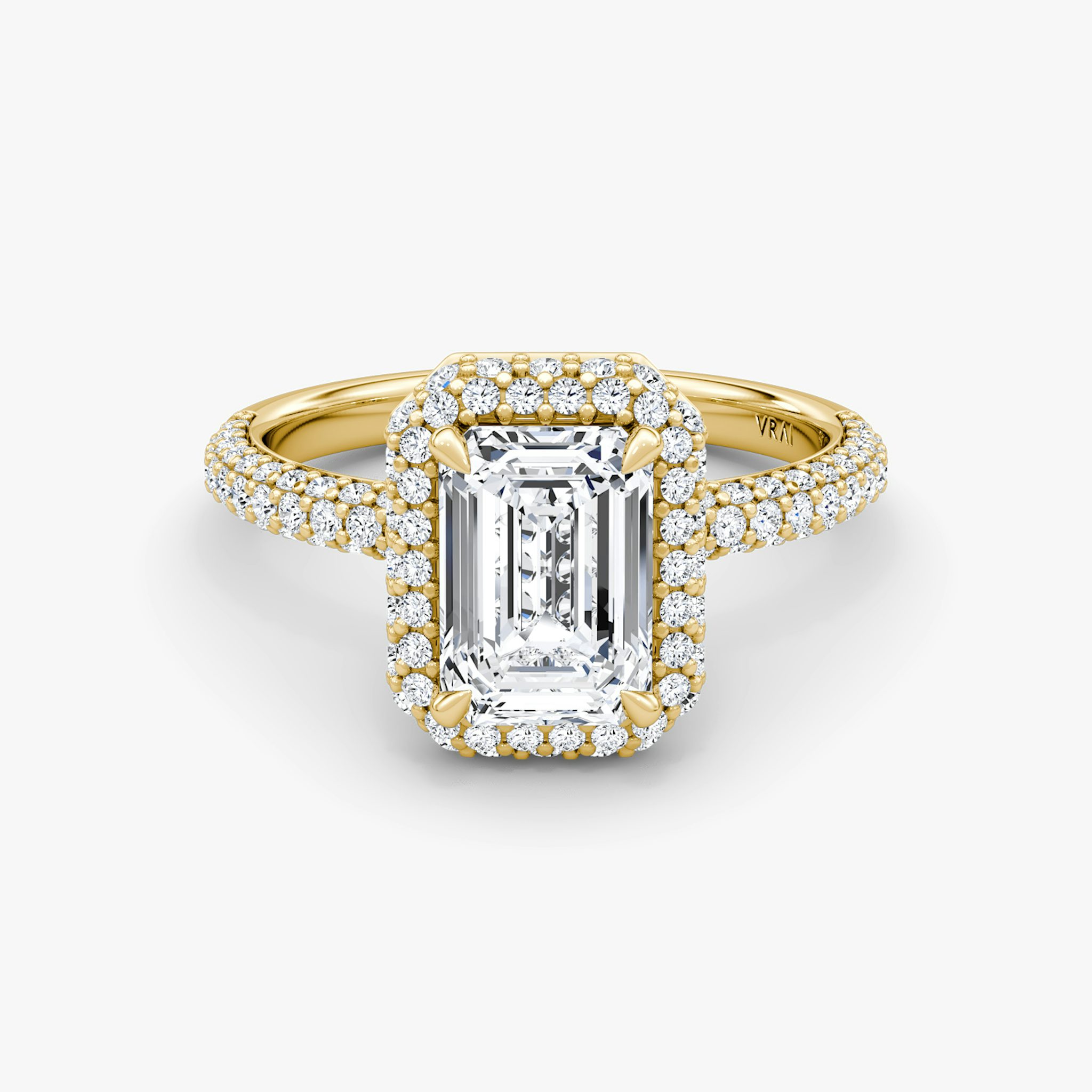The Halo Dome | Emerald | 18k | Yellow Gold | bandAccent: Pavé | diamondOrientation: vertical | caratWeight: other