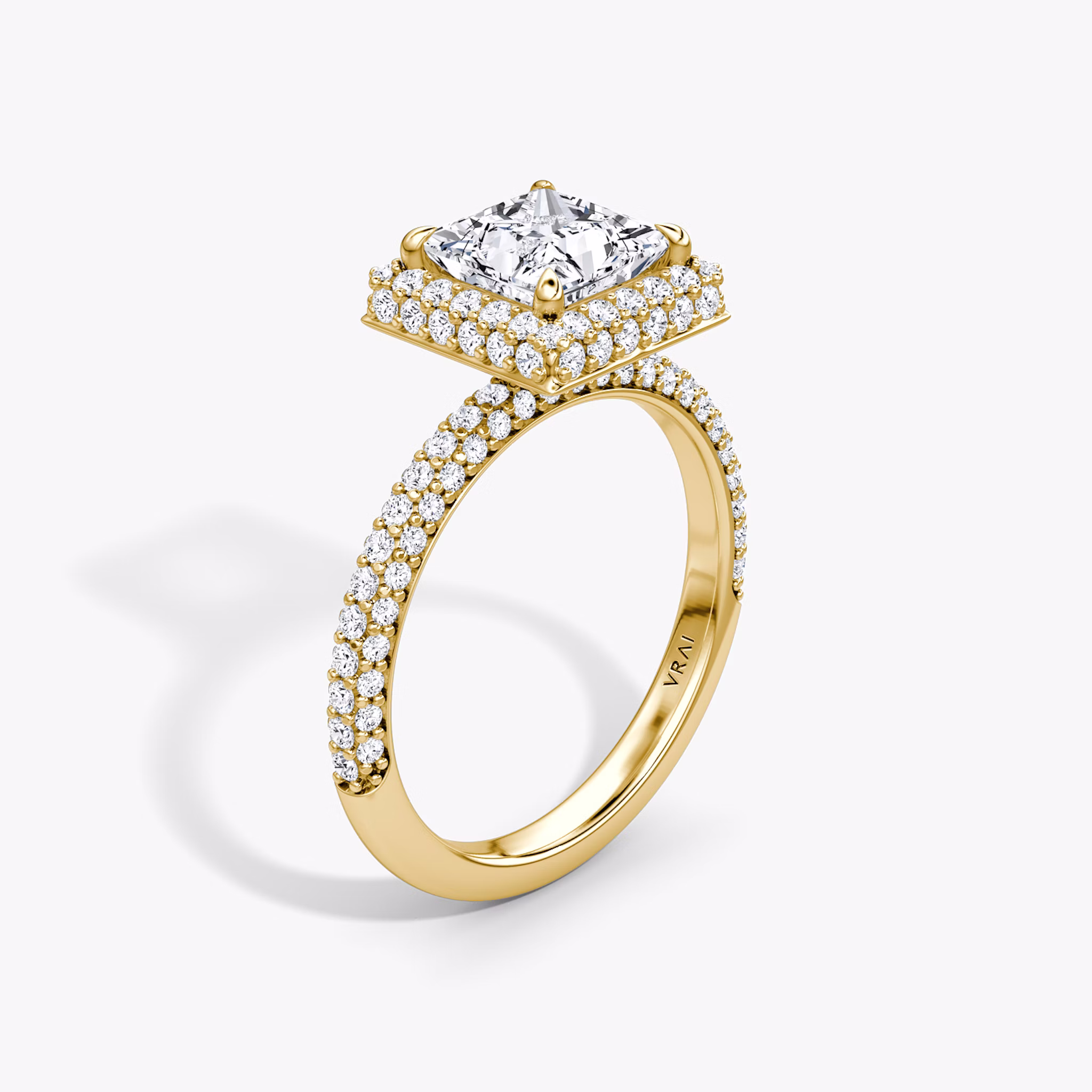 upright three-row dome halo engagement ring princess cut in pave yellow gold