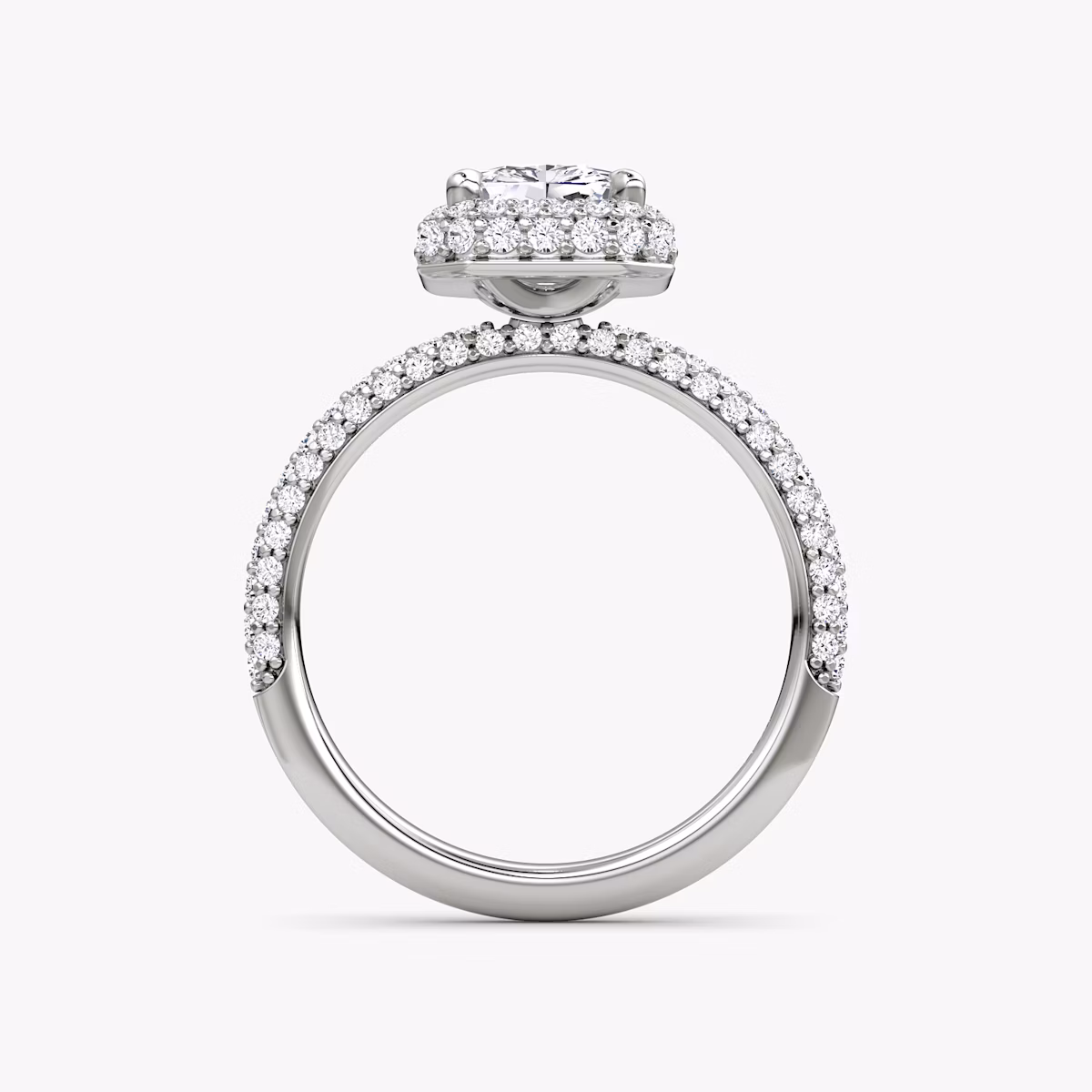 Anillo de compromiso Halo Dome | Radiante | Platino | bandAccent: Pavé | diamondOrientation: vertical | caratWeight: other