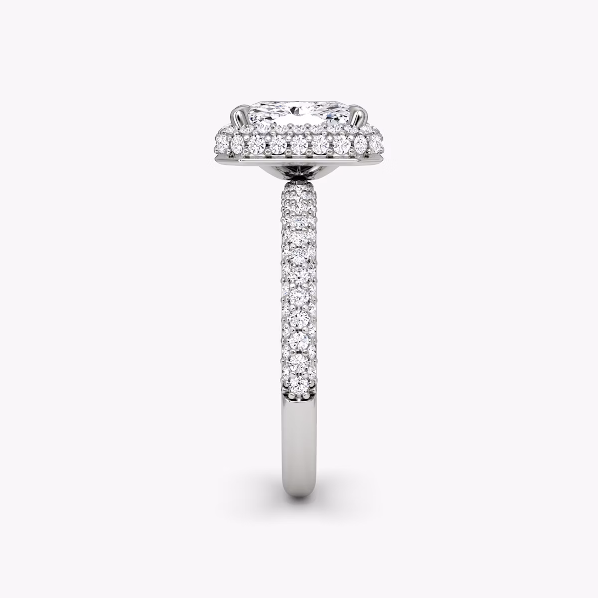 Anillo de compromiso Halo Dome | Radiante | Platino | bandAccent: Pavé | diamondOrientation: vertical | caratWeight: other