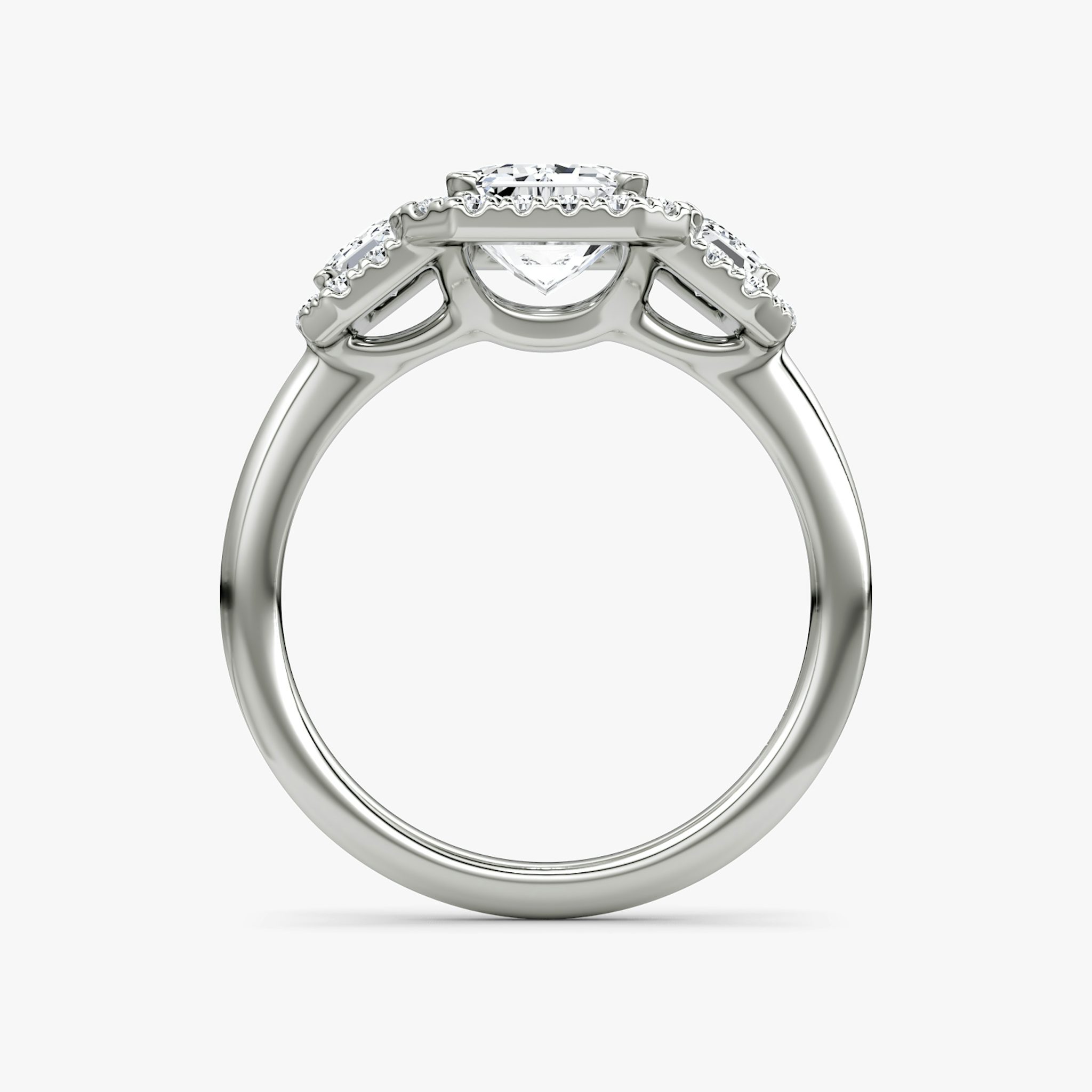 The Three Stone Halo | Emerald | 18k | White Gold | bandAccent: Plain | sideStoneCarat: 0.25ct | diamondOrientation: vertical | caratWeight: other