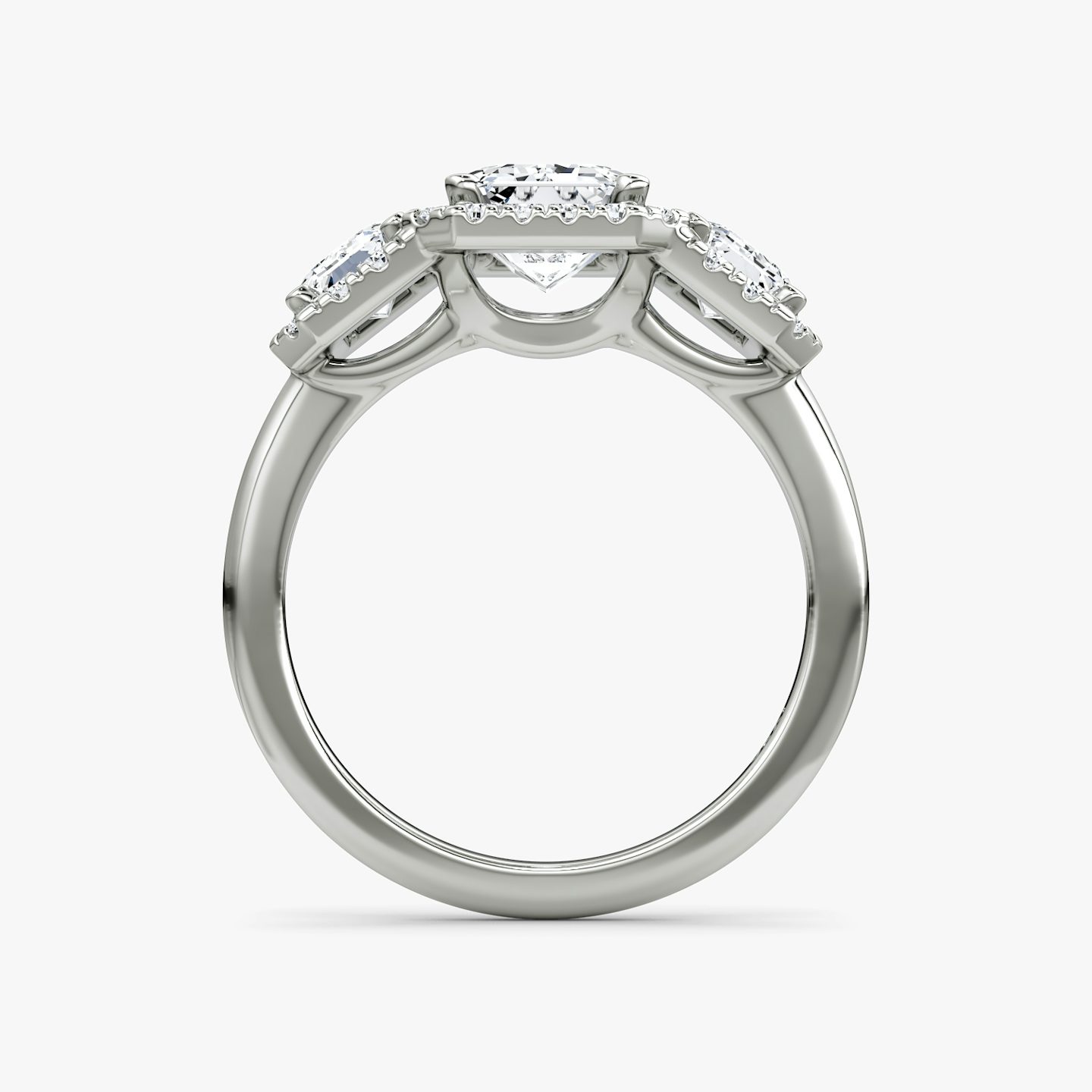 The Three Stone Halo | Emerald | 18k | White Gold | bandAccent: Plain | sideStoneCarat: 0.50ct | diamondOrientation: vertical | caratWeight: other