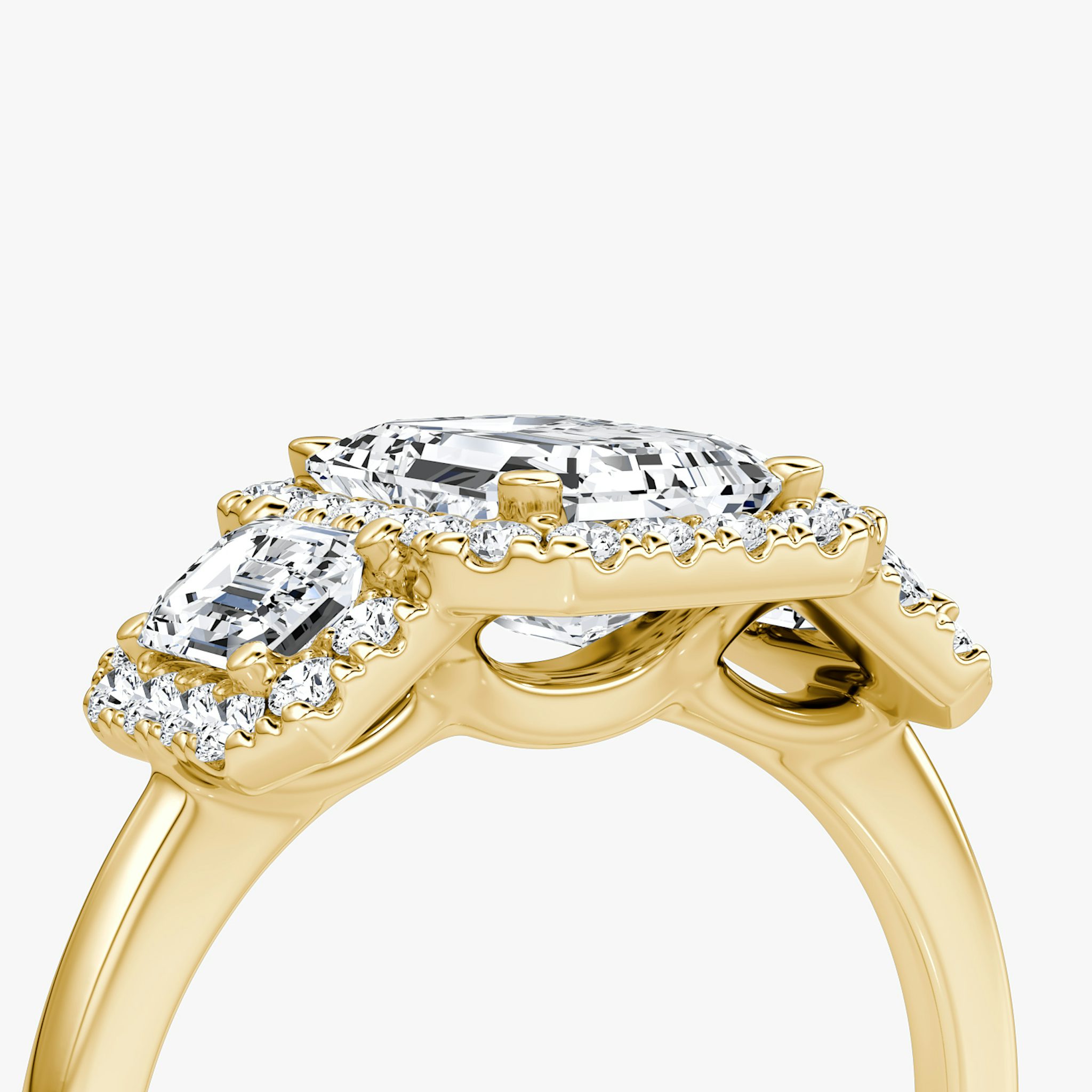 The Three Stone Halo | Emerald | 18k | Yellow Gold | bandAccent: Plain | sideStoneCarat: 0.25ct | diamondOrientation: vertical | caratWeight: other