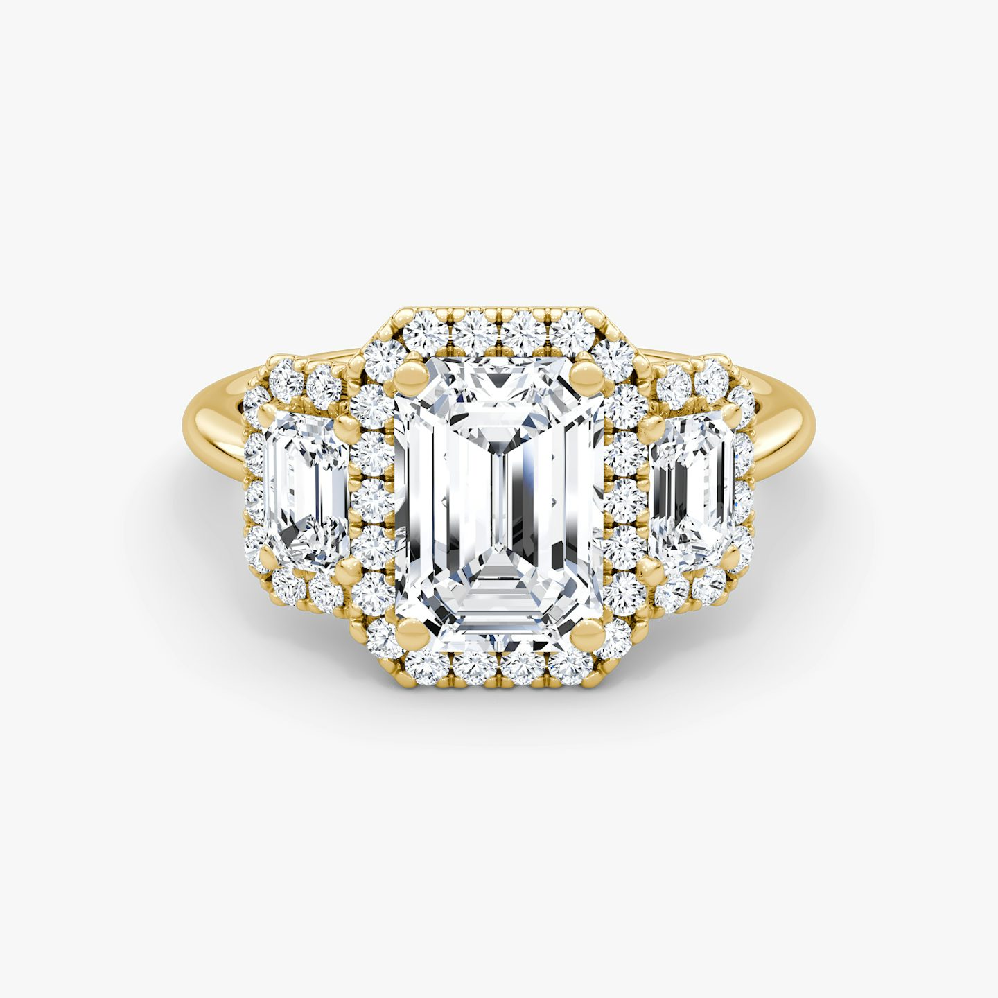 The Three Stone Halo | Emerald | 18k | Yellow Gold | bandAccent: Plain | sideStoneCarat: 0.25ct | diamondOrientation: vertical | caratWeight: other
