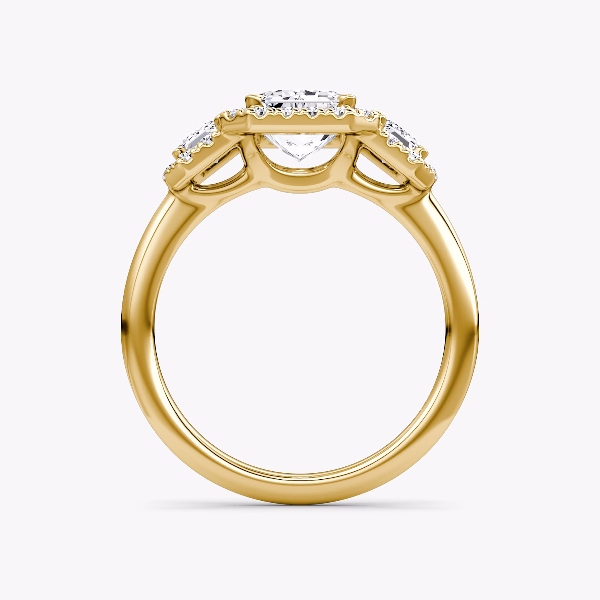 The Three Stone Halo | Emerald | 18k | Yellow Gold | bandAccent: Plain | sideStoneCarat: 0.25ct | diamondOrientation: vertical | caratWeight: other