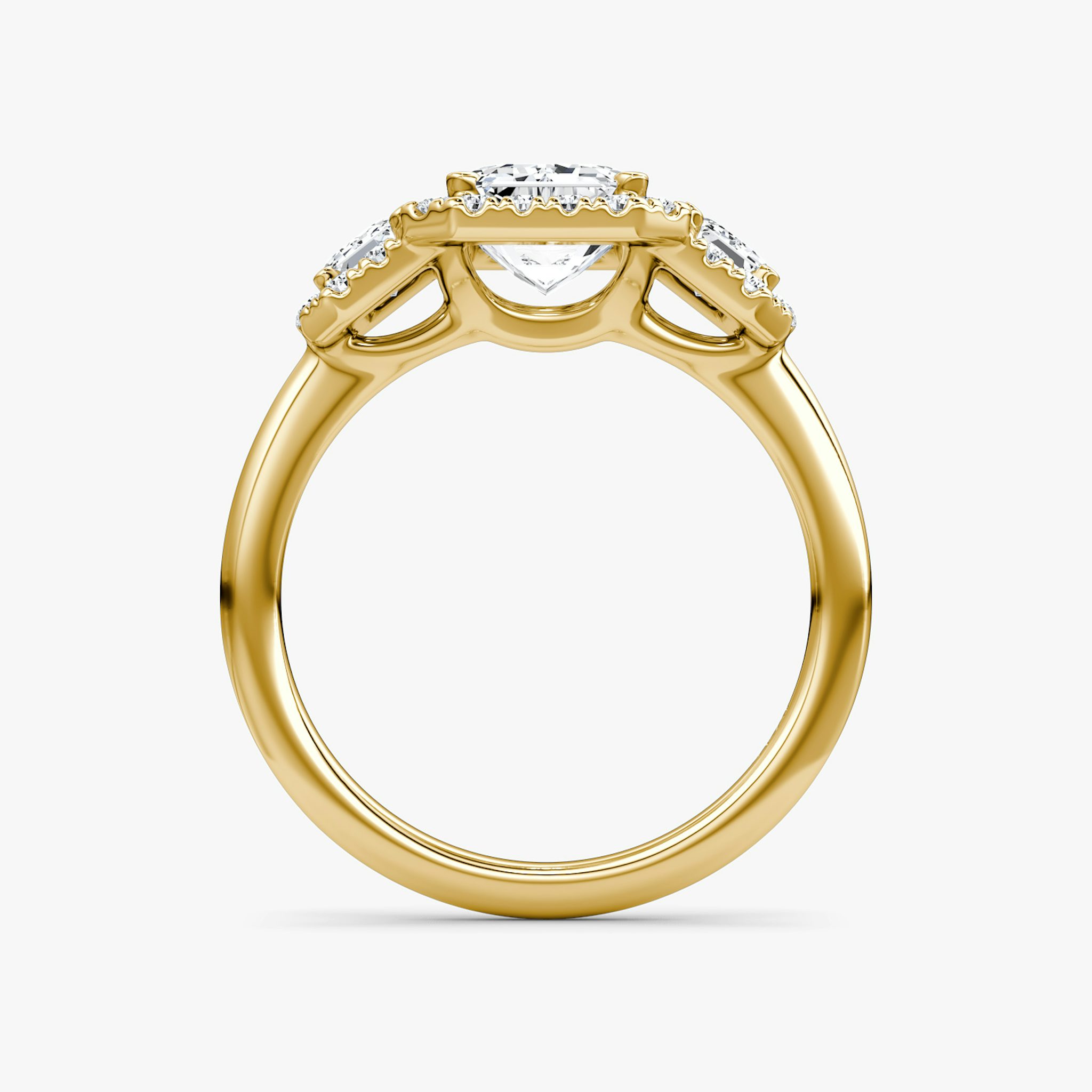 The Three Stone Halo | Emerald | 18k | Yellow Gold | bandAccent: Plain | sideStoneCarat: 0.25ct | diamondOrientation: vertical | caratWeight: other