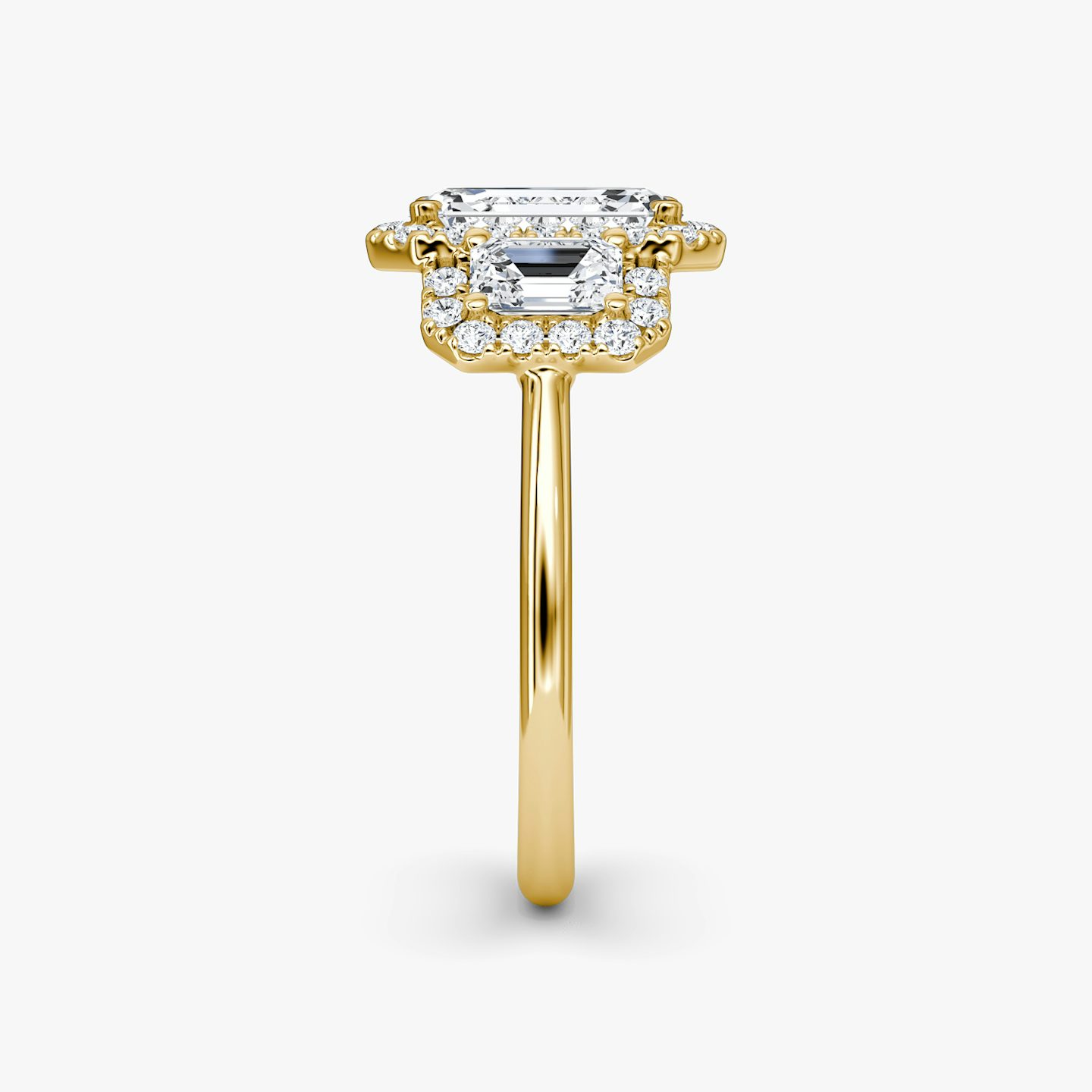 The Three Stone Halo | Emerald | 18k | Yellow Gold | bandAccent: Plain | sideStoneCarat: 0.25ct | diamondOrientation: vertical | caratWeight: other