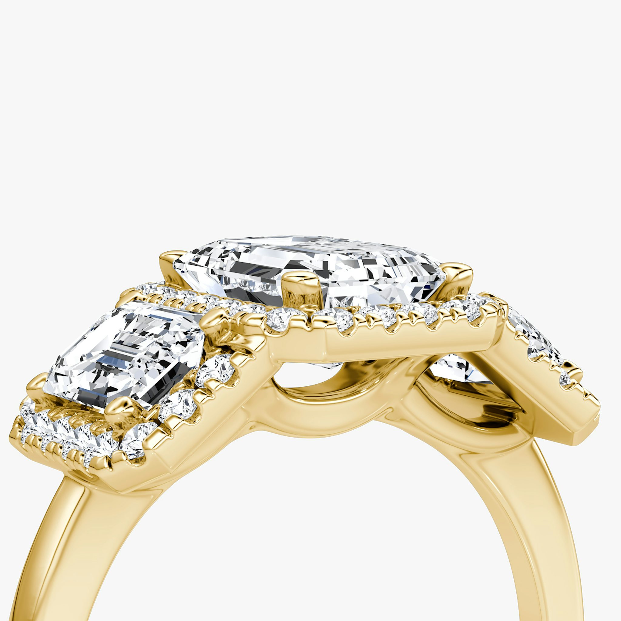 The Three Stone Halo | Emerald | 18k | Yellow Gold | bandAccent: Plain | sideStoneCarat: 0.50ct | diamondOrientation: vertical | caratWeight: other