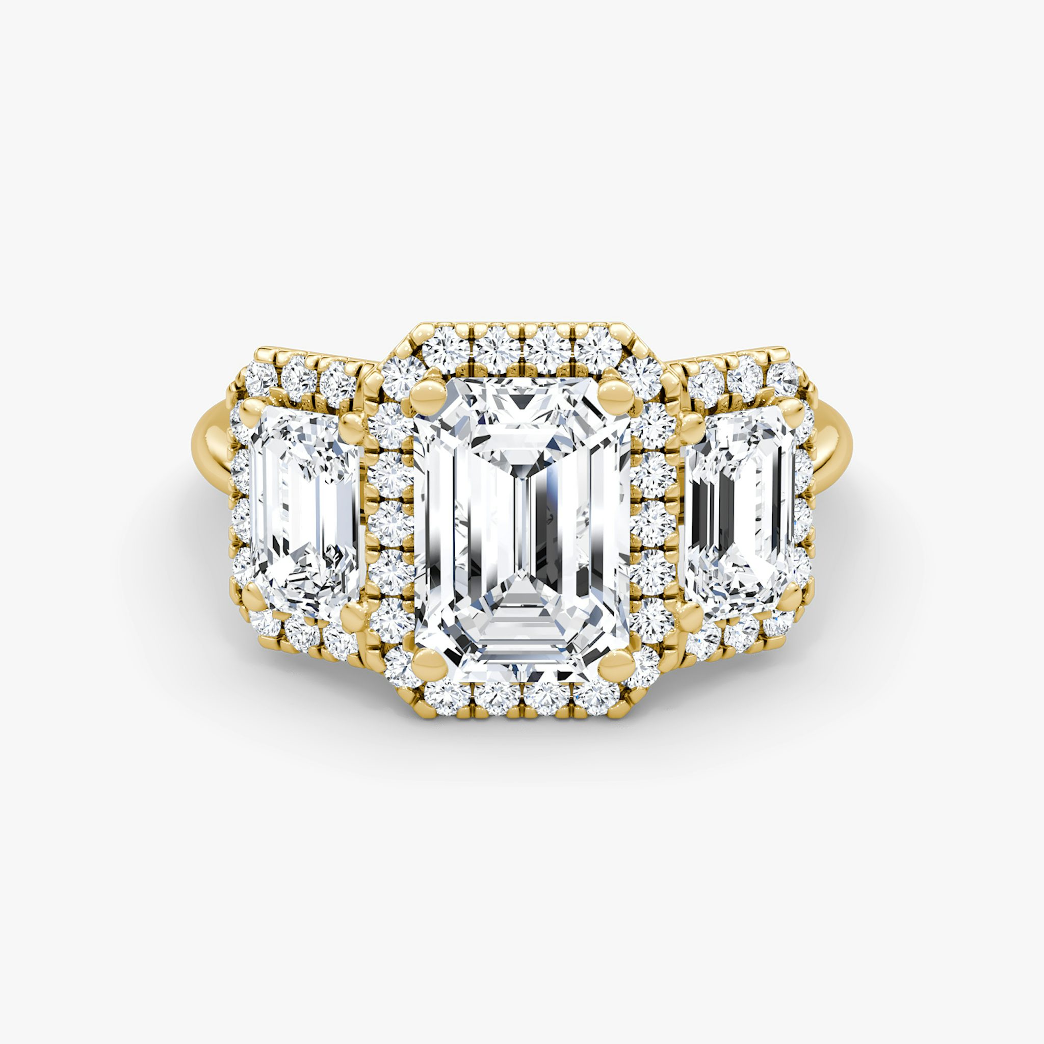 The Three Stone Halo | Emerald | 18k | Yellow Gold | bandAccent: Plain | sideStoneCarat: 0.50ct | diamondOrientation: vertical | caratWeight: other