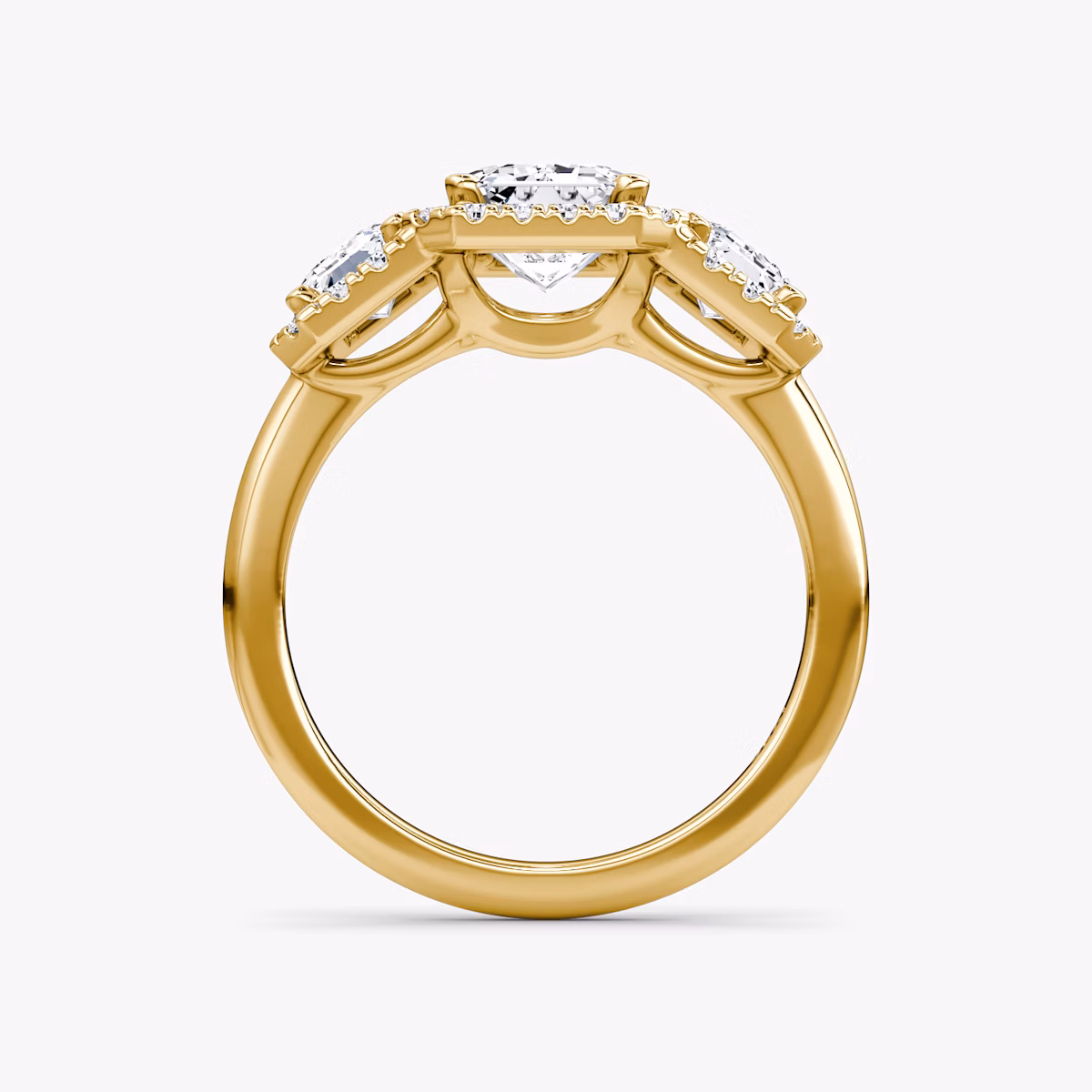 The Three Stone Halo | Emerald | 18k | Yellow Gold | bandAccent: Plain | sideStoneCarat: 0.50ct | diamondOrientation: vertical | caratWeight: other