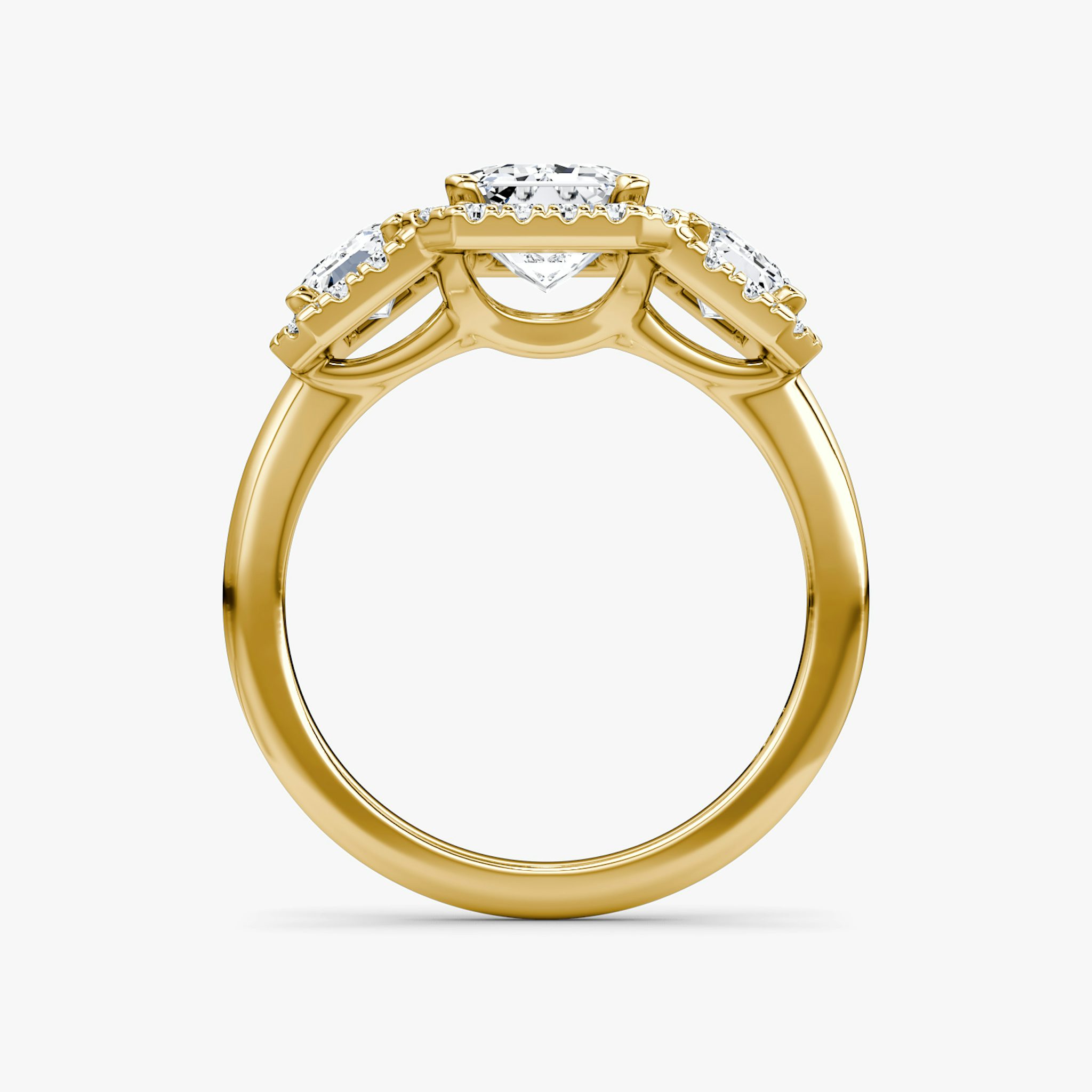 The Three Stone Halo | Emerald | 18k | Yellow Gold | bandAccent: Plain | sideStoneCarat: 0.50ct | diamondOrientation: vertical | caratWeight: other