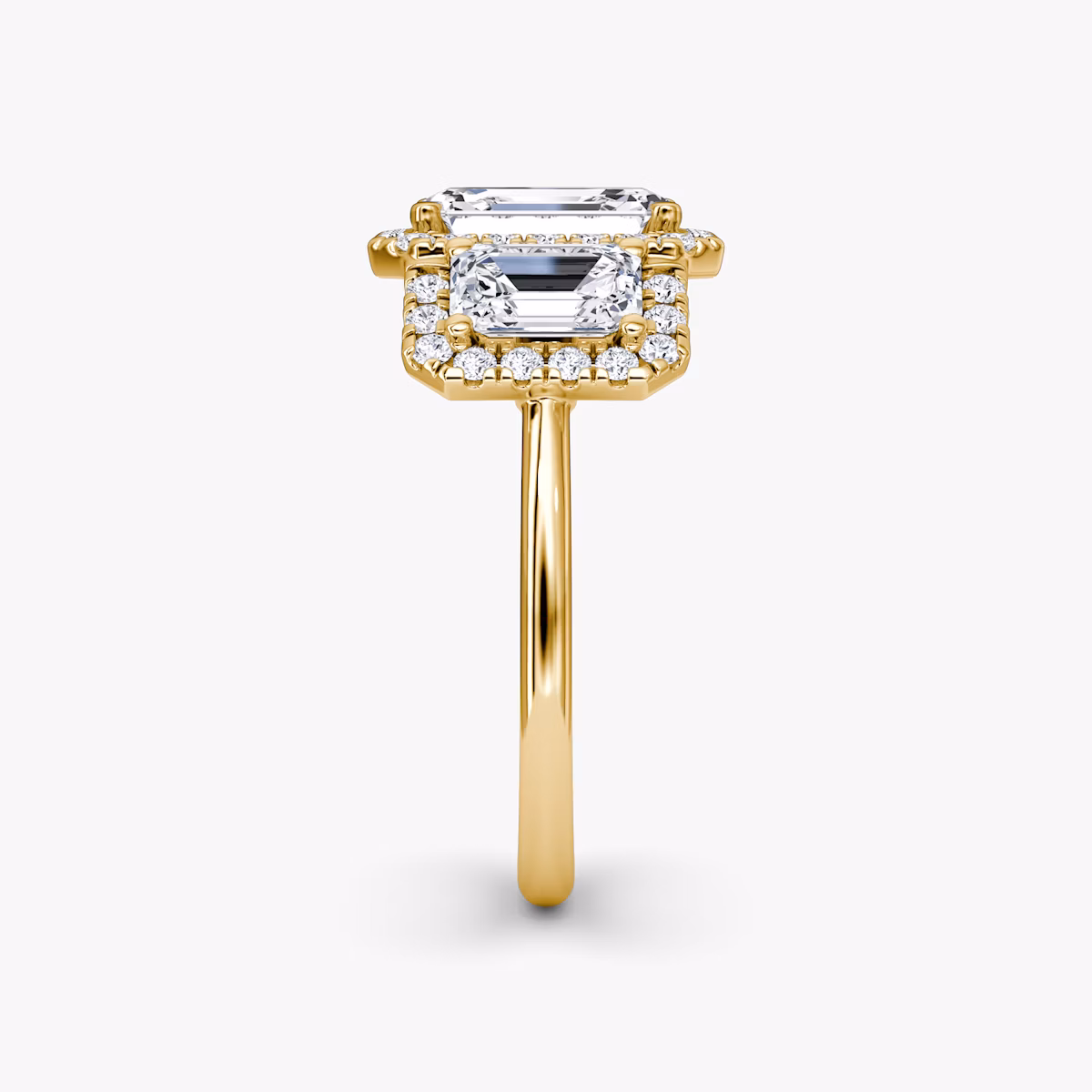 The Three Stone Halo | Emerald | 18k | Yellow Gold | bandAccent: Plain | sideStoneCarat: 0.50ct | diamondOrientation: vertical | caratWeight: other