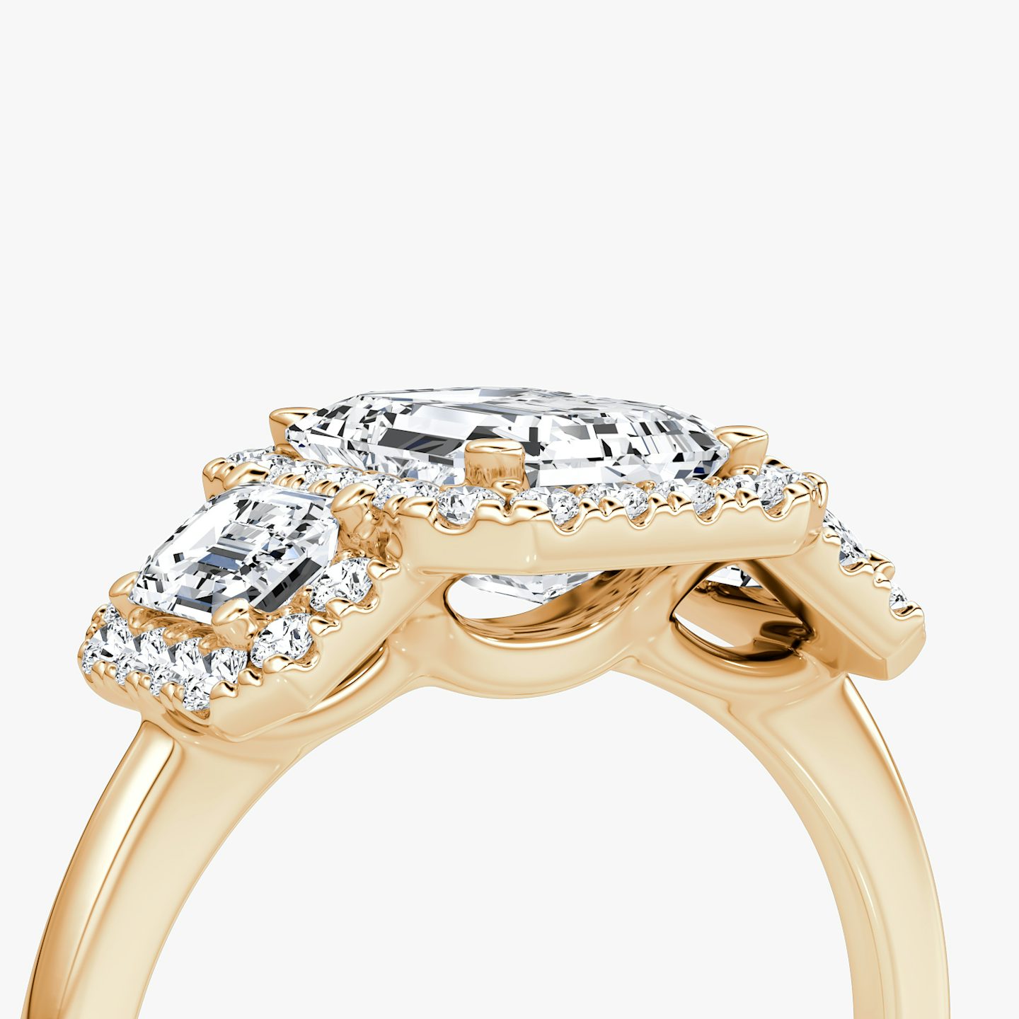 The Three Stone Halo | Emerald | 14k | Rose Gold | bandAccent: Plain | sideStoneCarat: 0.25ct | diamondOrientation: vertical | caratWeight: other