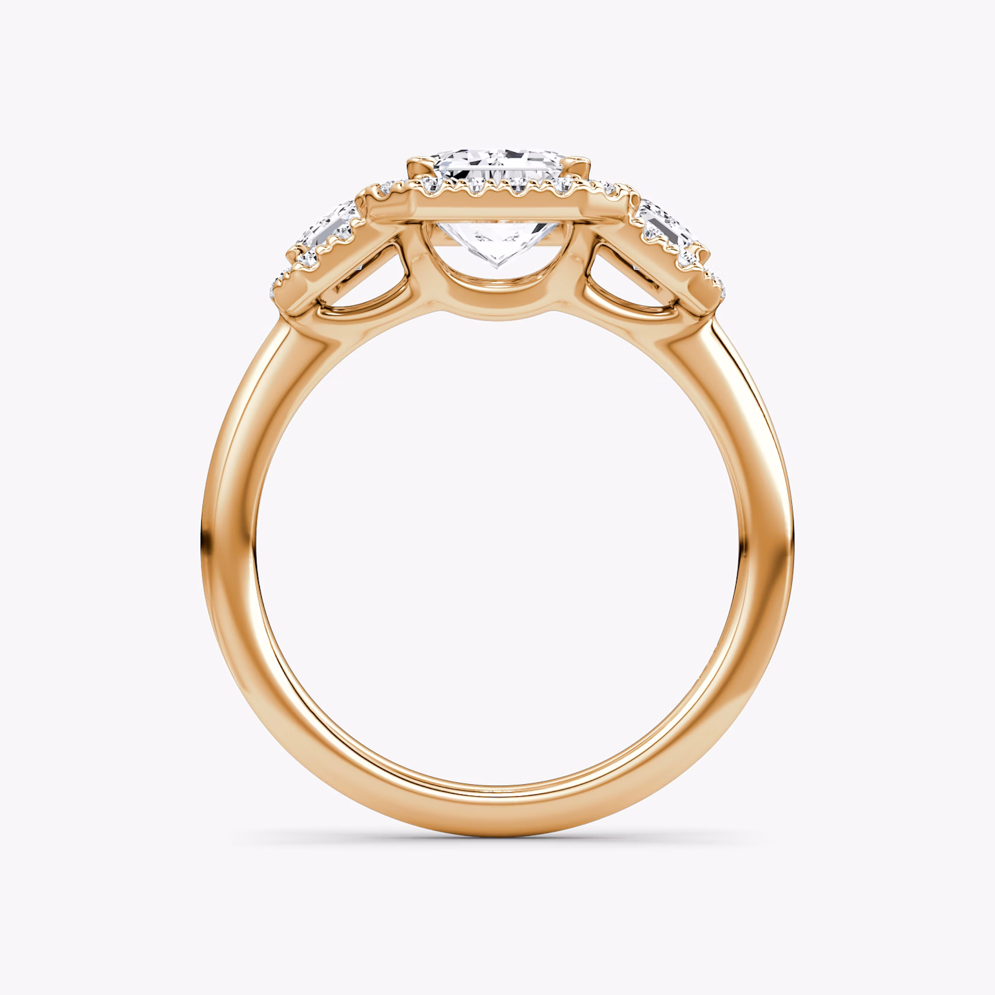 The Three Stone Halo | Emerald | 14k | Rose Gold | bandAccent: Plain | sideStoneCarat: 0.25ct | diamondOrientation: vertical | caratWeight: other