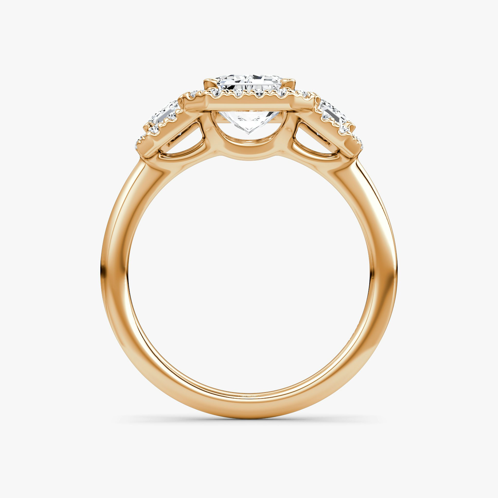 The Three Stone Halo | Emerald | 14k | Rose Gold | bandAccent: Plain | sideStoneCarat: 0.25ct | diamondOrientation: vertical | caratWeight: other