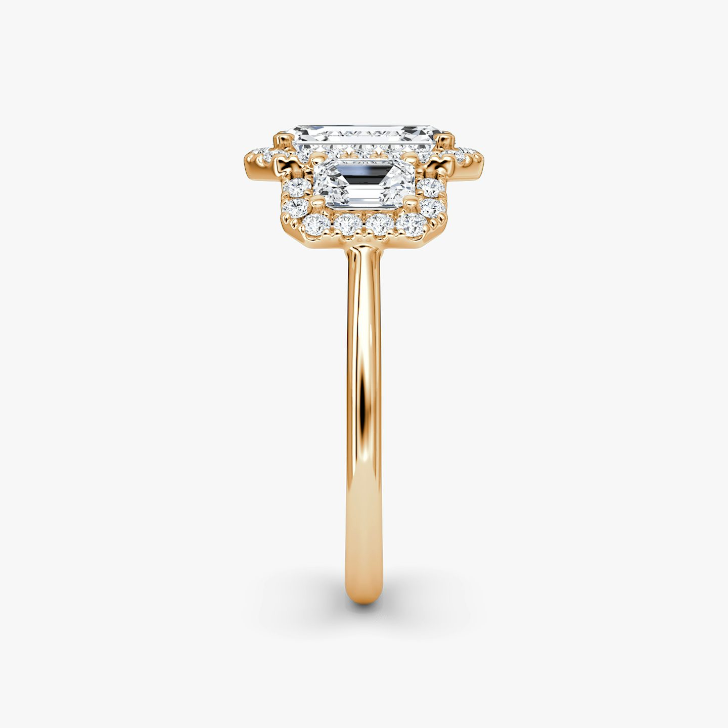 The Three Stone Halo | Emerald | 14k | Rose Gold | bandAccent: Plain | sideStoneCarat: 0.25ct | diamondOrientation: vertical | caratWeight: other