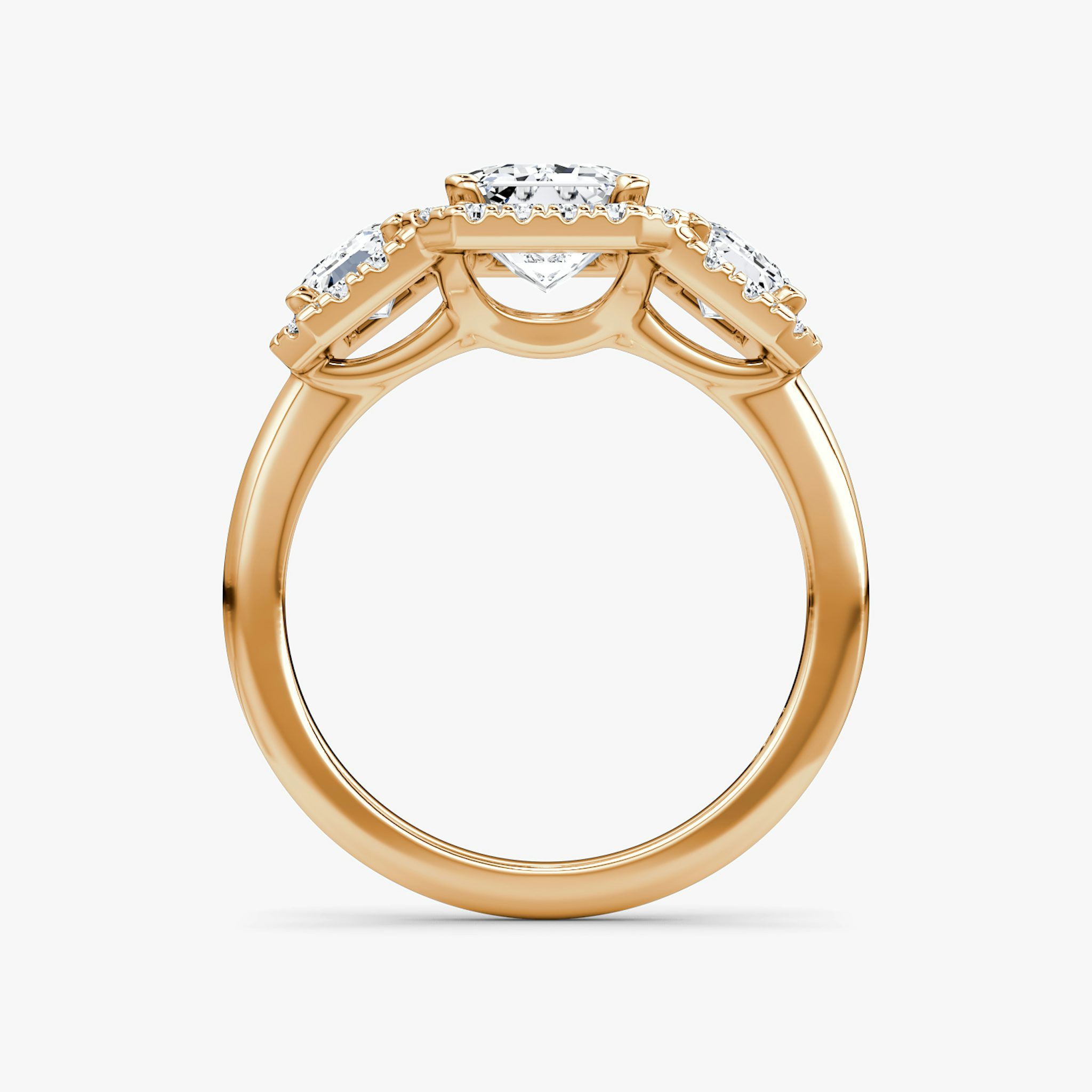 The Three Stone Halo | Emerald | 14k | Rose Gold | bandAccent: Plain | sideStoneCarat: 0.50ct | diamondOrientation: vertical | caratWeight: other