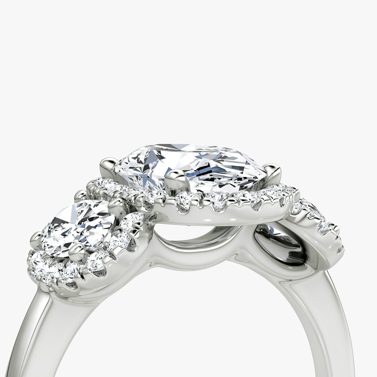 The Three Stone Halo | Oval | 18k | White Gold | bandAccent: Plain | sideStoneCarat: 0.25ct | diamondOrientation: vertical | caratWeight: other