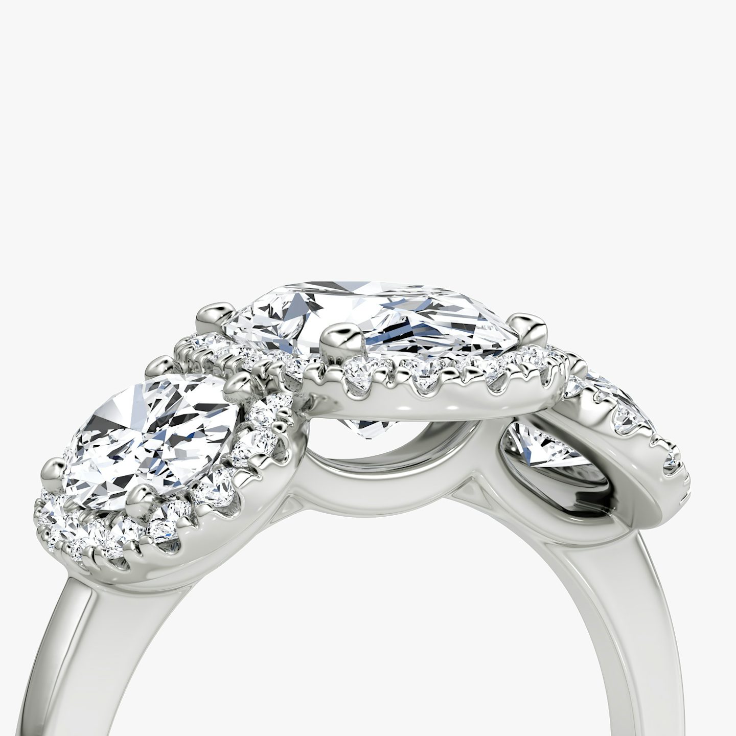 The Three Stone Halo | Oval | Platinum | bandAccent: Plain | sideStoneCarat: 0.50ct | diamondOrientation: vertical | caratWeight: other