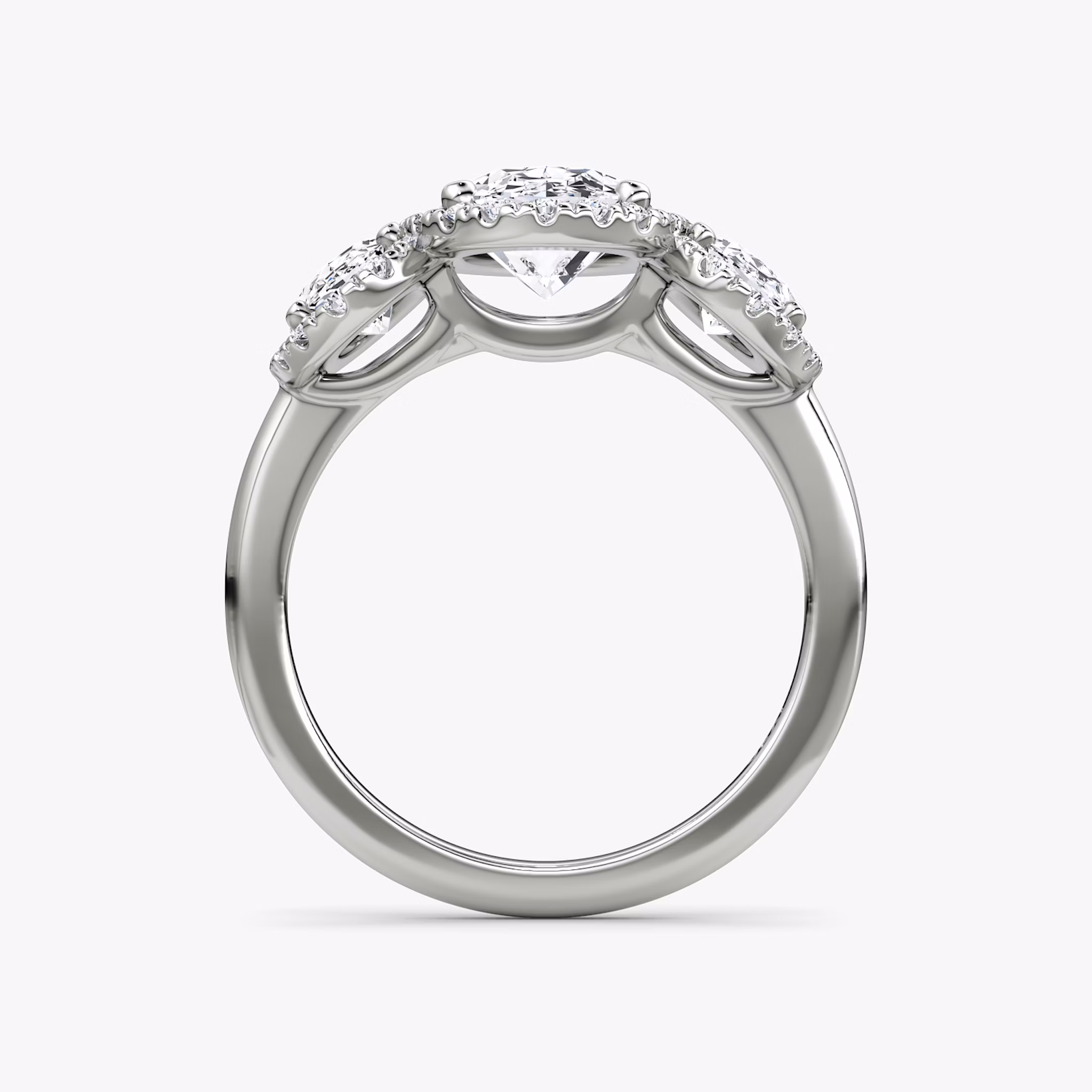 The Three Stone Halo | Oval | Platinum | bandAccent: Plain | sideStoneCarat: 0.50ct | diamondOrientation: vertical | caratWeight: other