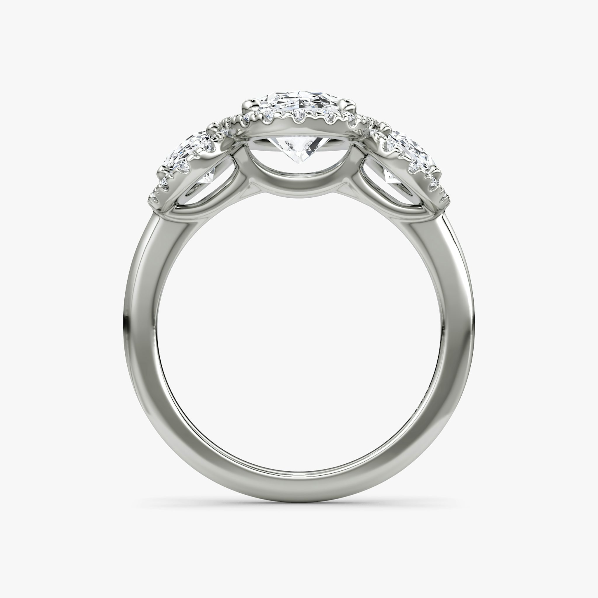 The Three Stone Halo | Oval | Platinum | bandAccent: Plain | sideStoneCarat: 0.50ct | diamondOrientation: vertical | caratWeight: other