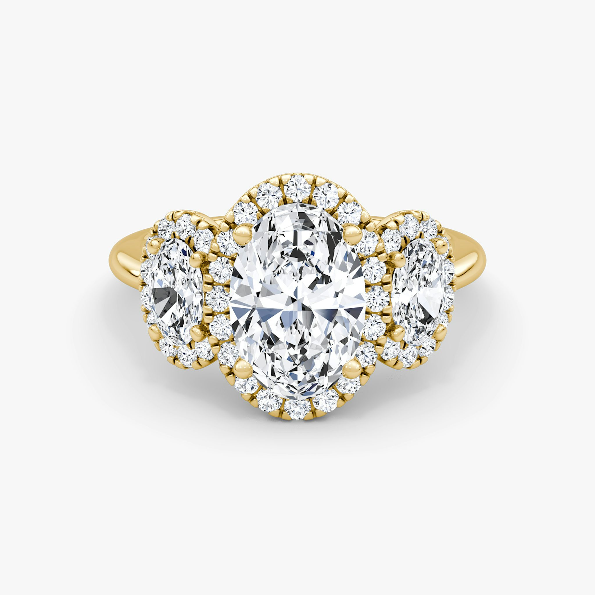 The Three Stone Halo | Oval | 18k | Yellow Gold | bandAccent: Plain | sideStoneCarat: 0.25ct | diamondOrientation: vertical | caratWeight: other