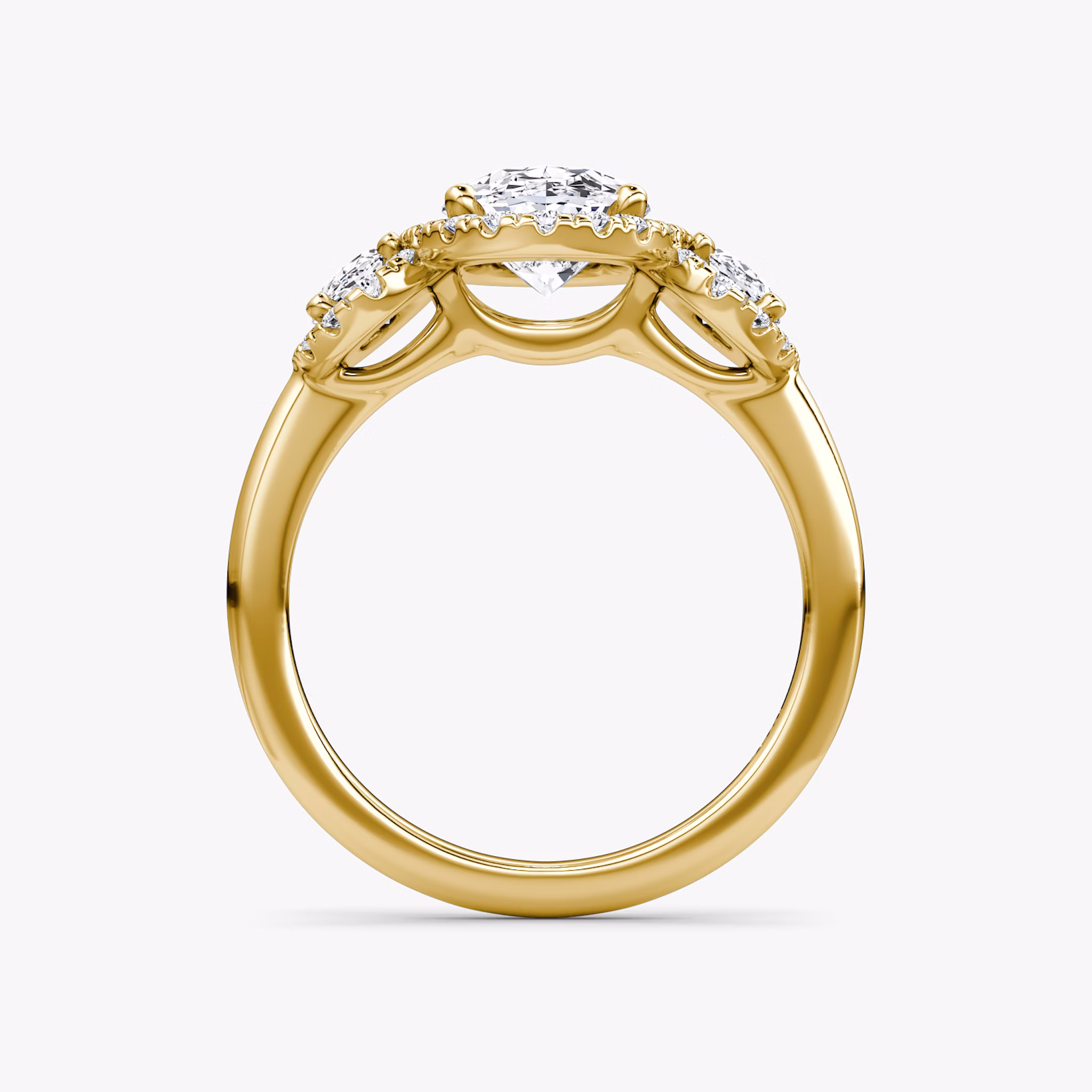 The Three Stone Halo | Oval | 18k | Yellow Gold | bandAccent: Plain | sideStoneCarat: 0.25ct | diamondOrientation: vertical | caratWeight: other