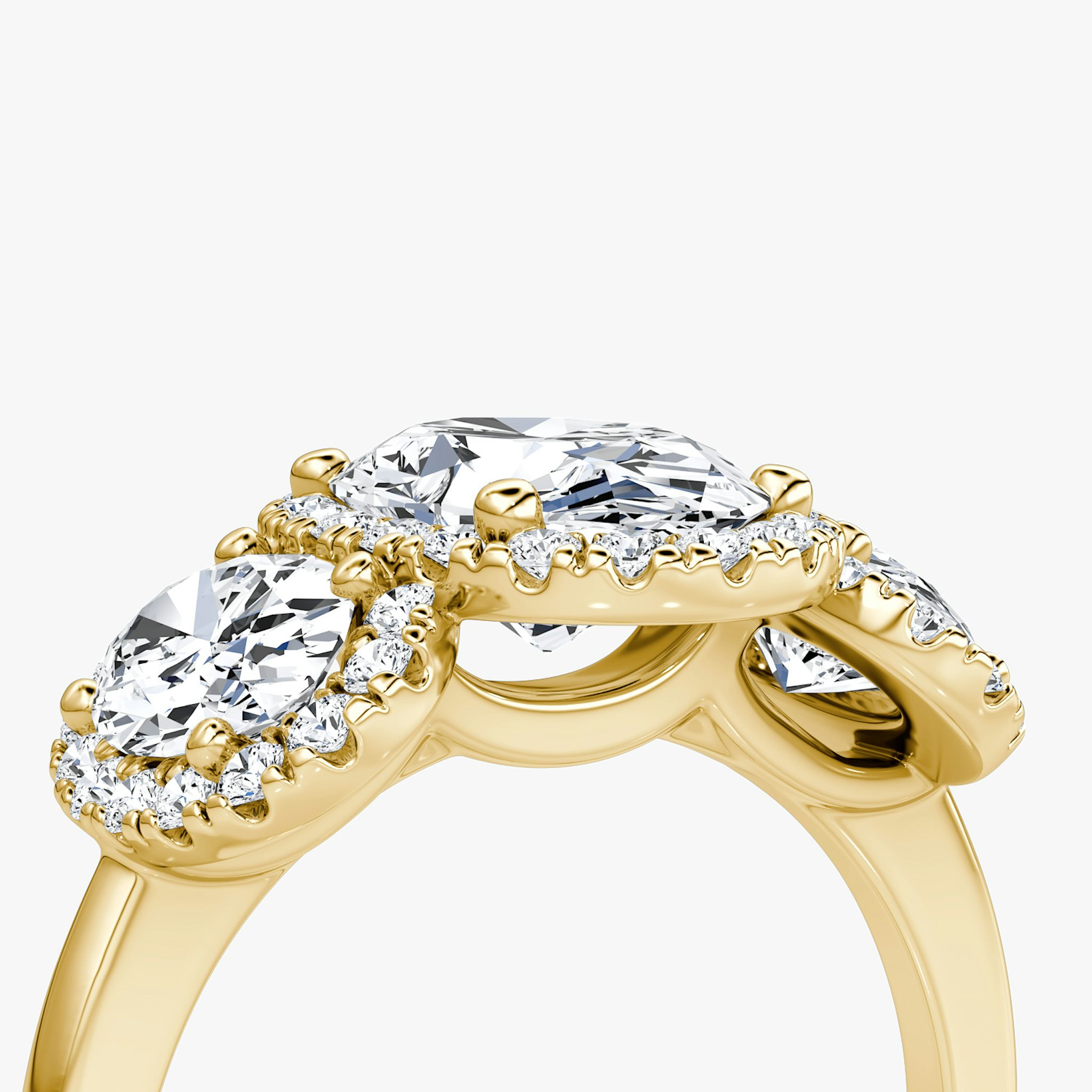 The Three Stone Halo | Oval | 18k | Yellow Gold | bandAccent: Plain | sideStoneCarat: 0.50ct | diamondOrientation: vertical | caratWeight: other