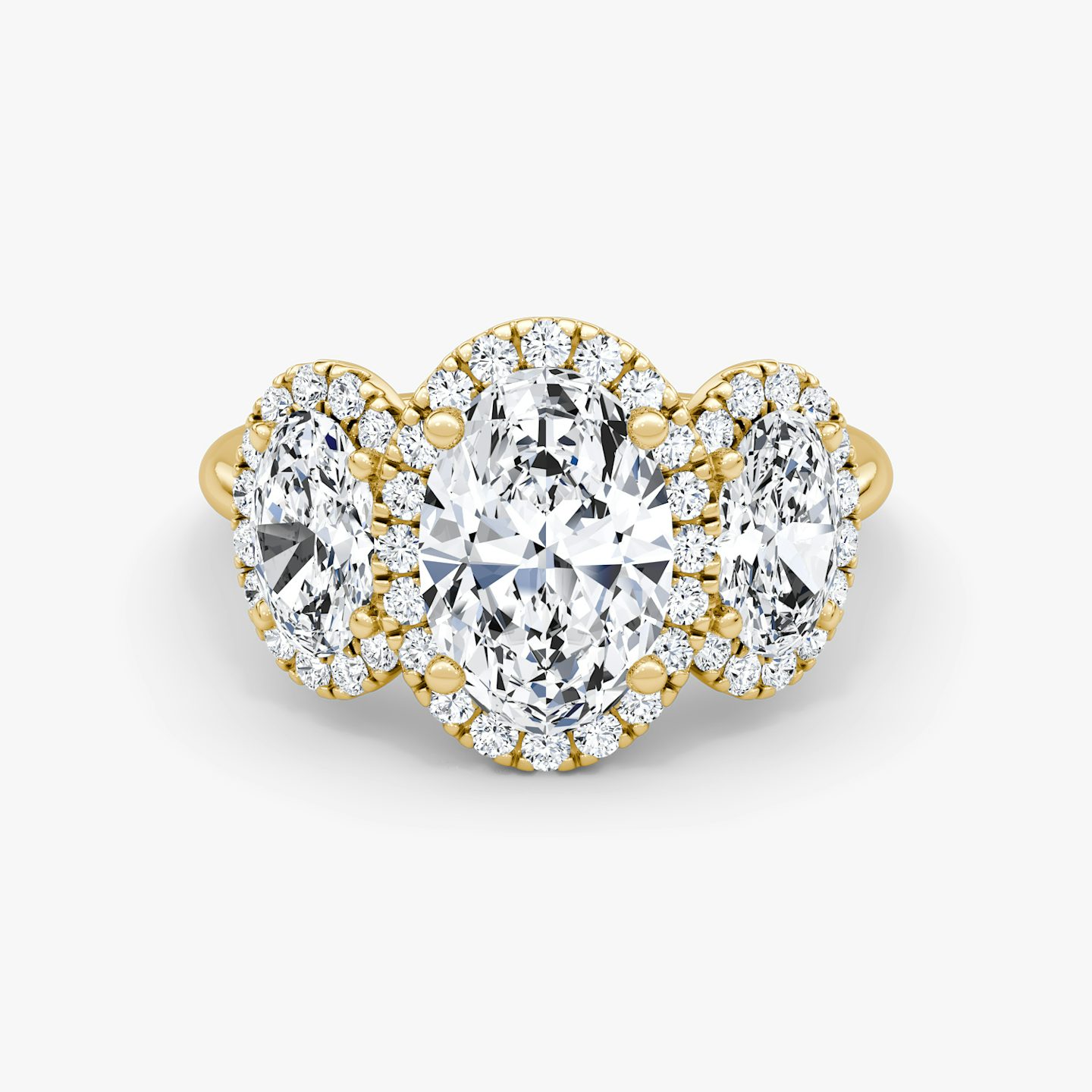 The Three Stone Halo | Oval | 18k | Yellow Gold | bandAccent: Plain | sideStoneCarat: 0.50ct | diamondOrientation: vertical | caratWeight: other