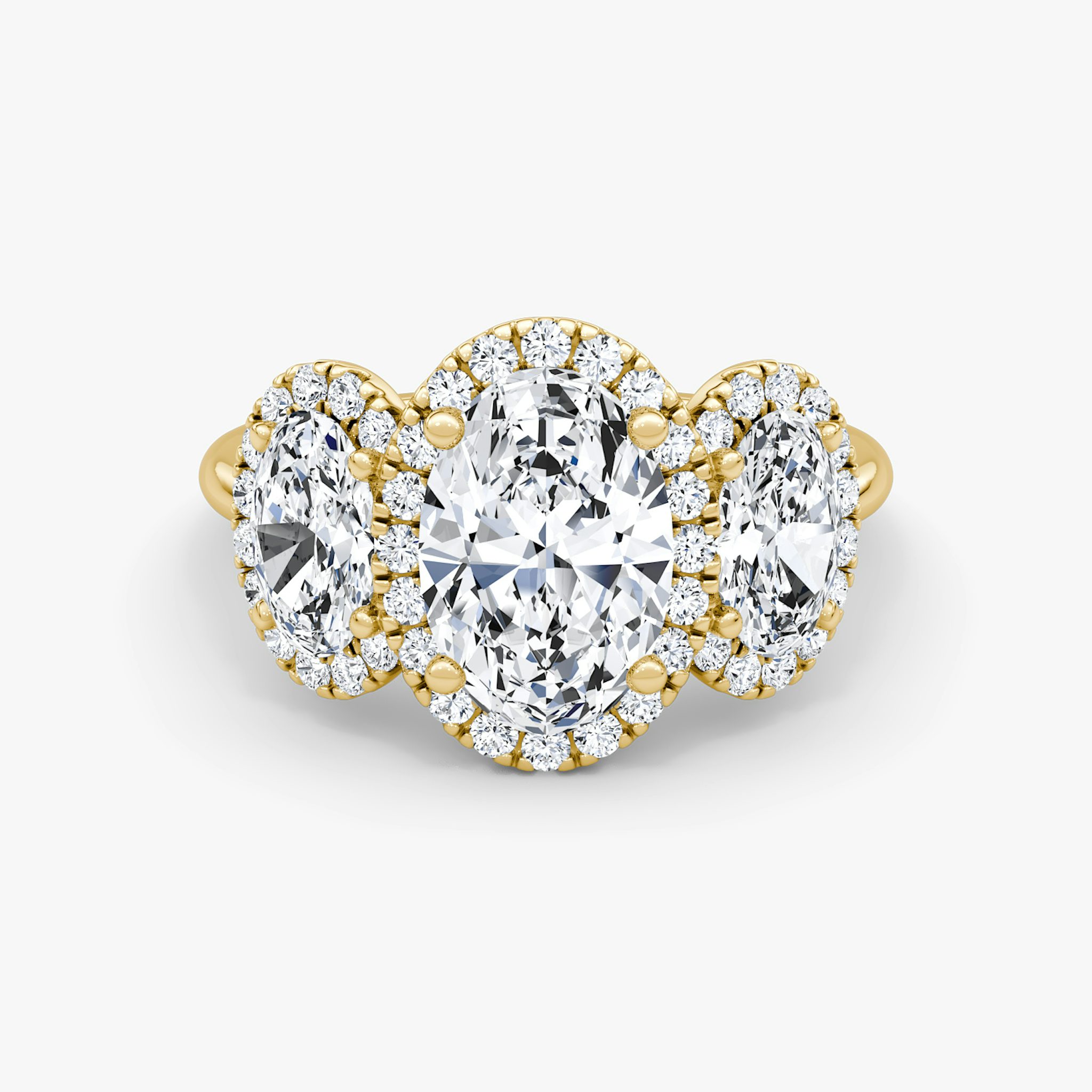 The Three Stone Halo | Oval | 18k | Yellow Gold | bandAccent: Plain | sideStoneCarat: 0.50ct | diamondOrientation: vertical | caratWeight: other