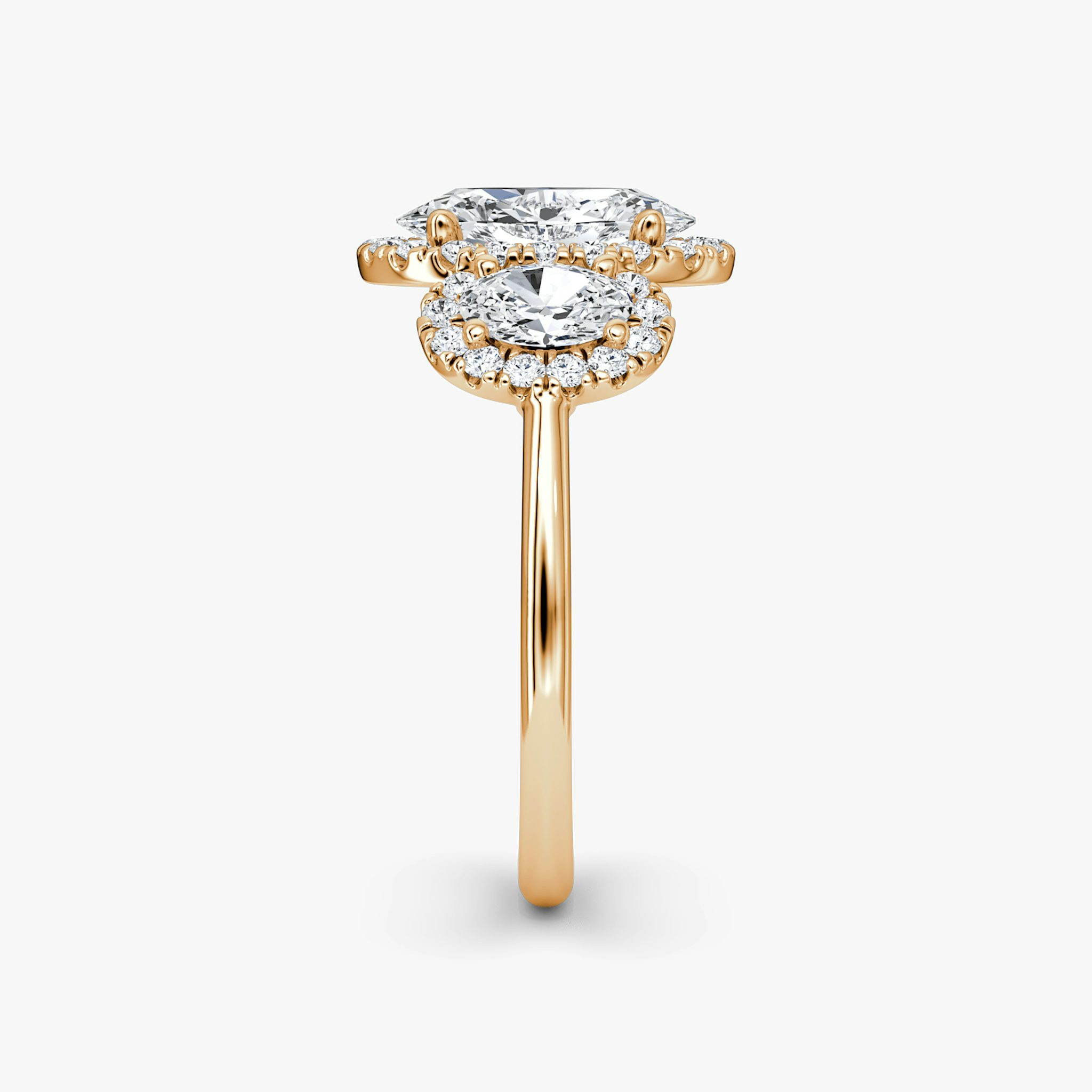 The Three Stone Halo | Oval | 14k | Rose Gold | bandAccent: Plain | sideStoneCarat: 0.25ct | diamondOrientation: vertical | caratWeight: other