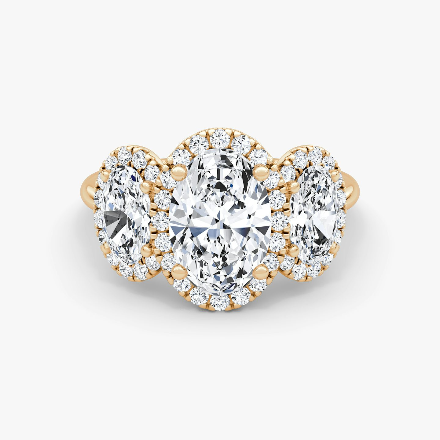The Three Stone Halo | Oval | 14k | Rose Gold | bandAccent: Plain | sideStoneCarat: 0.50ct | diamondOrientation: vertical | caratWeight: other