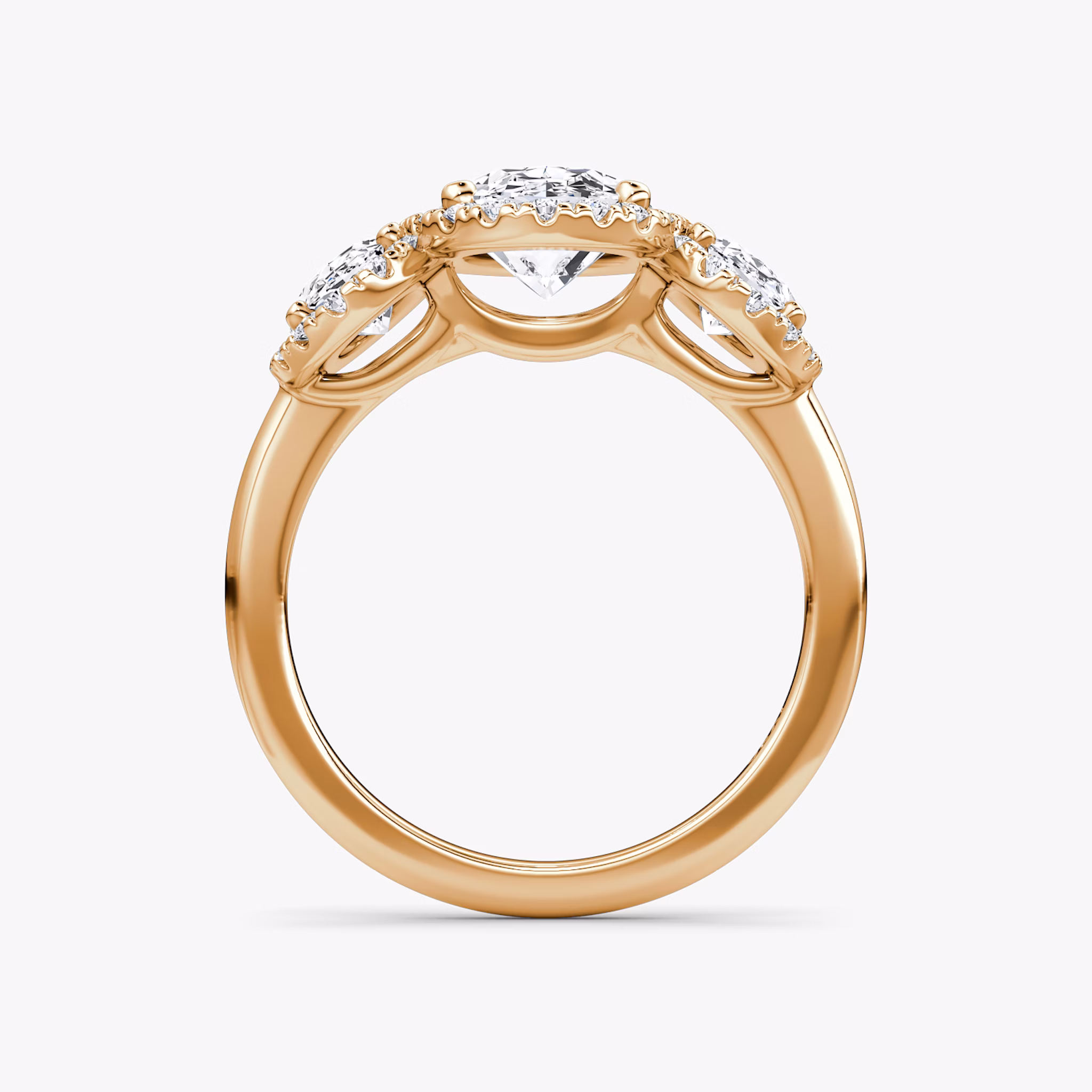 The Three Stone Halo | Oval | 14k | Rose Gold | bandAccent: Plain | sideStoneCarat: 0.50ct | diamondOrientation: vertical | caratWeight: other
