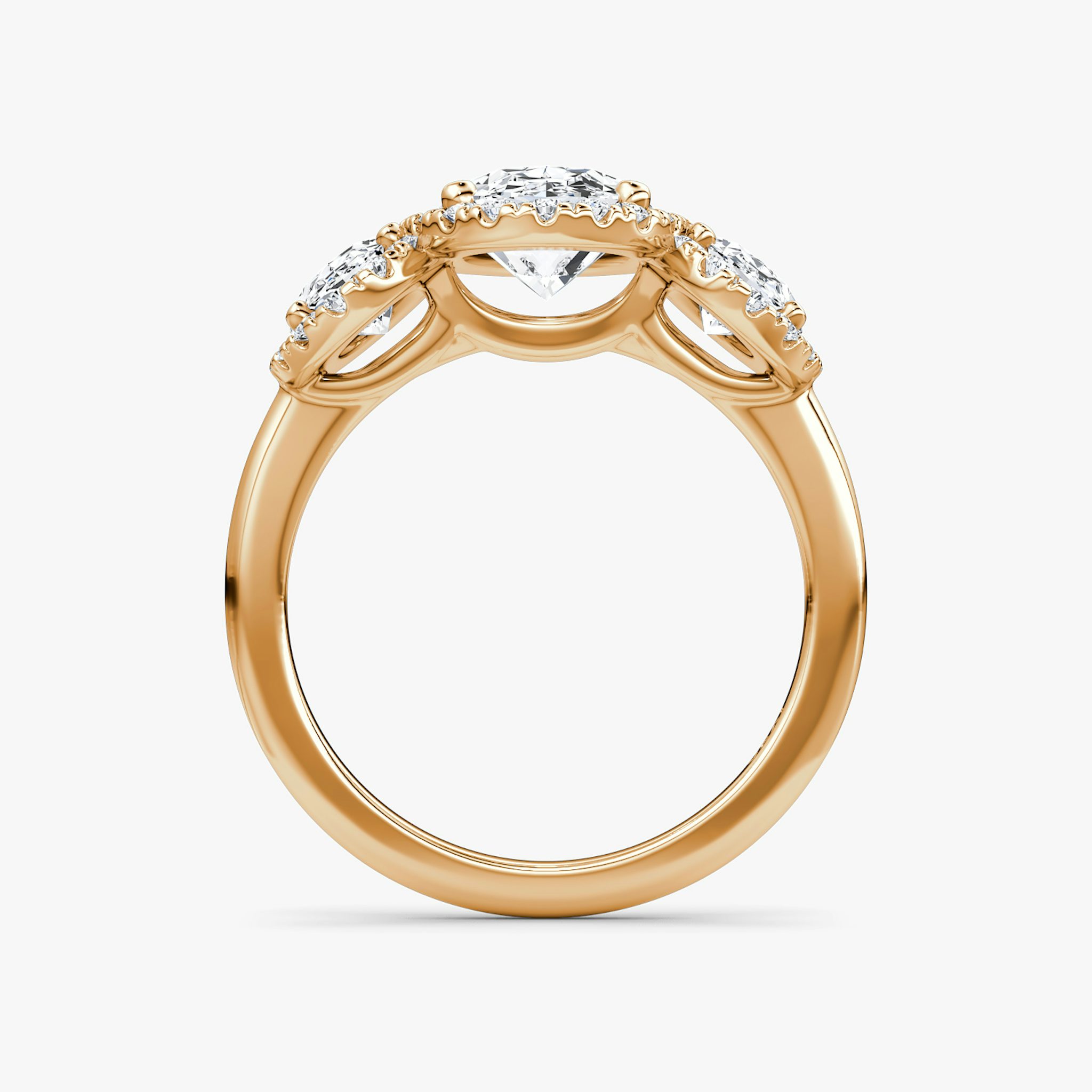 The Three Stone Halo | Oval | 14k | Rose Gold | bandAccent: Plain | sideStoneCarat: 0.50ct | diamondOrientation: vertical | caratWeight: other