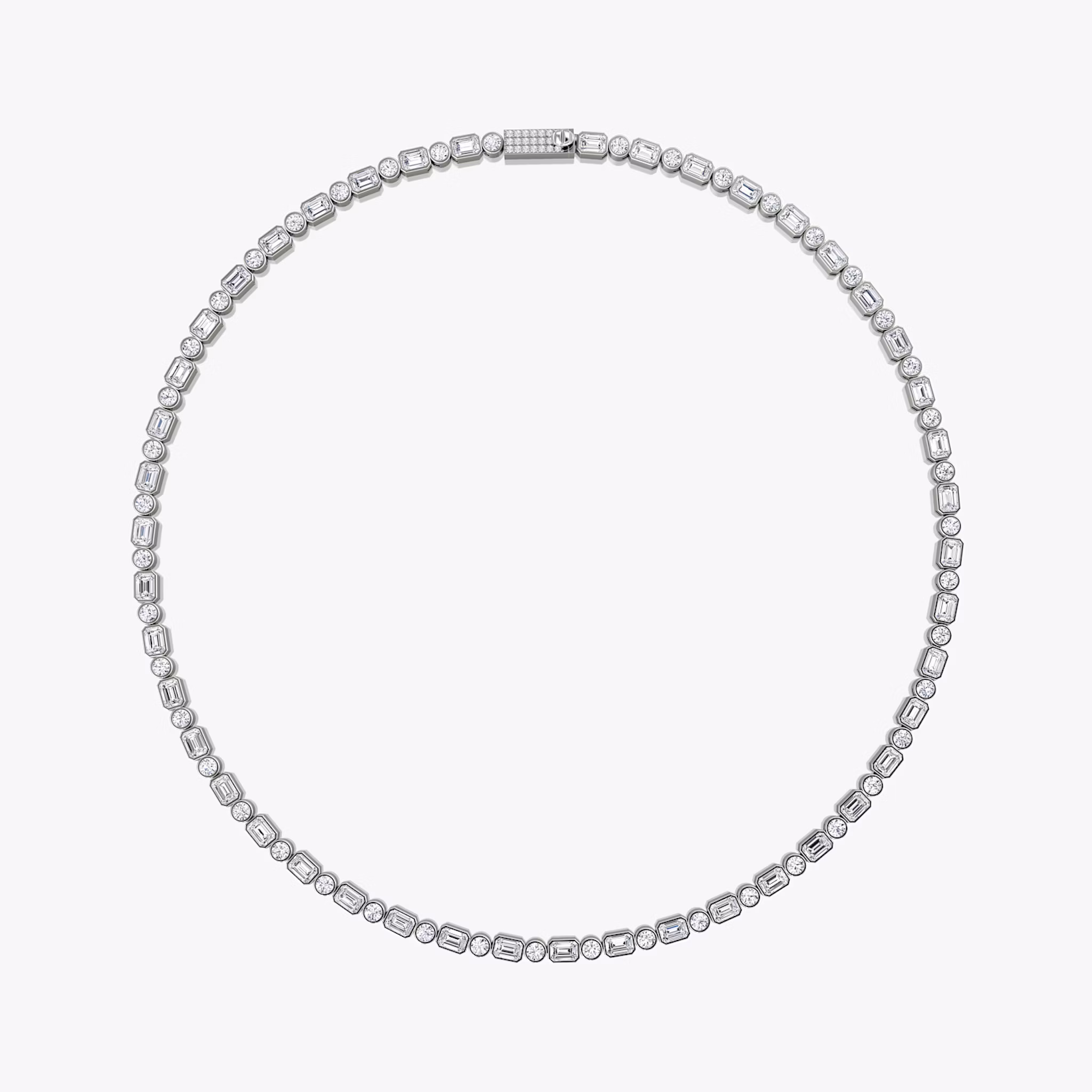 Mixed Bezel Tennis Necklace | Round Brilliant and Emerald | 14k | White Gold | chainLength: 18