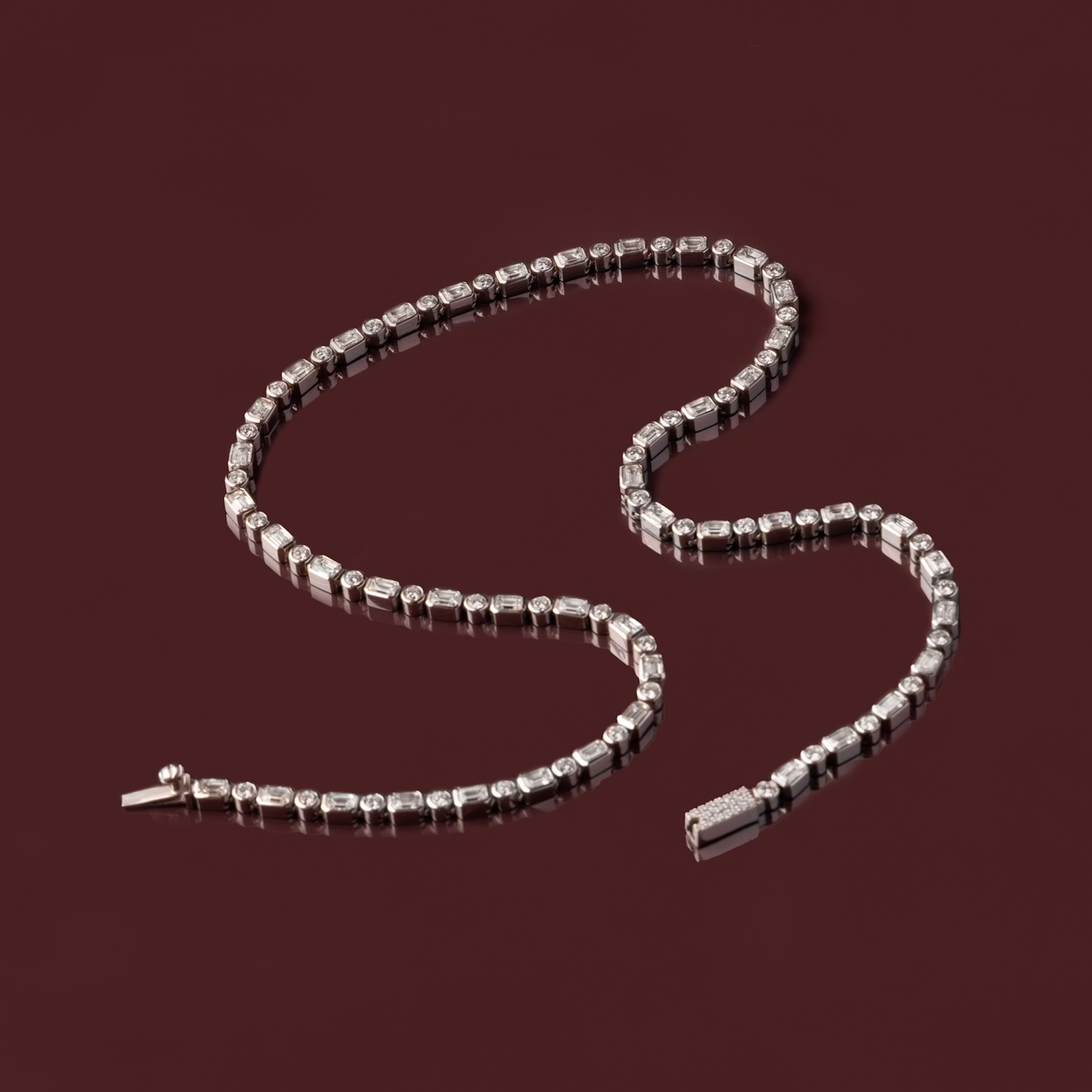 Mixed Bezel Tennis Necklace | Round Brilliant and Emerald | 14k | White Gold | chainLength: 18