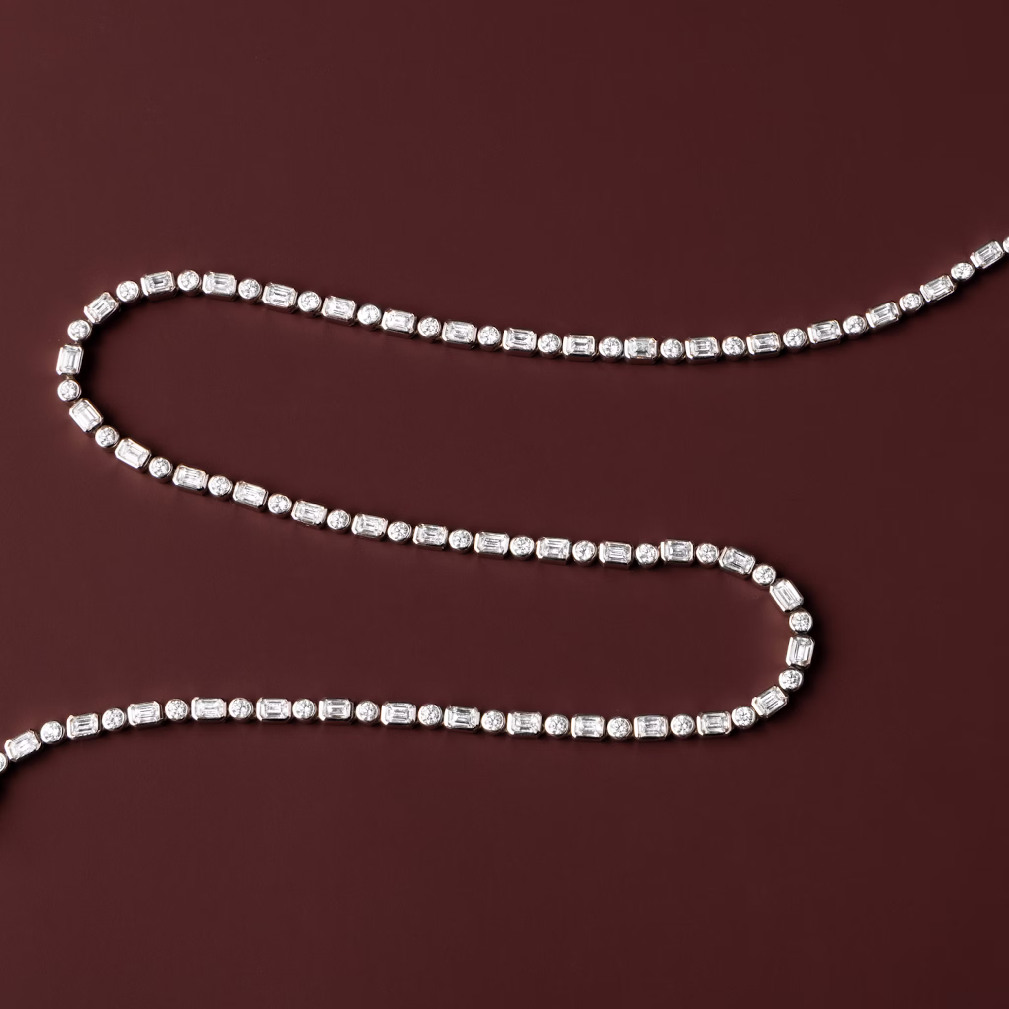 Mixed Bezel Tennis Necklace | Round Brilliant and Emerald | 14k | White Gold | chainLength: 18