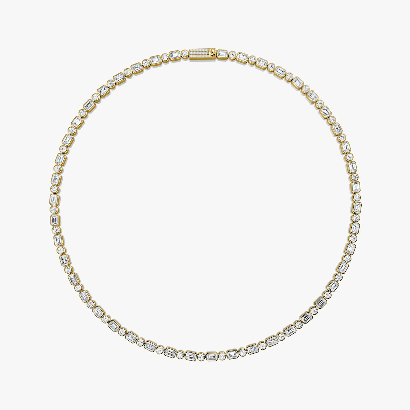Mixed Bezel Tennis Necklace | Round Brilliant and Emerald | 14k | Yellow Gold | chainLength: 18