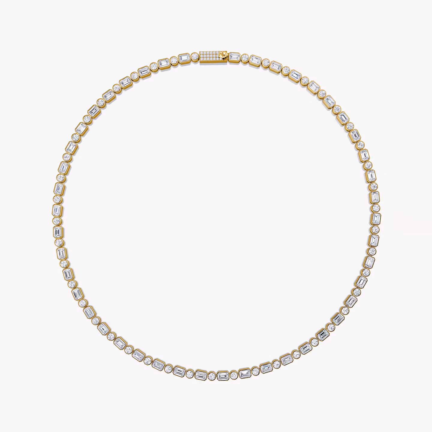 Mixed Bezel Tennis Necklace Round Brilliant and Emerald | Yellow Gold