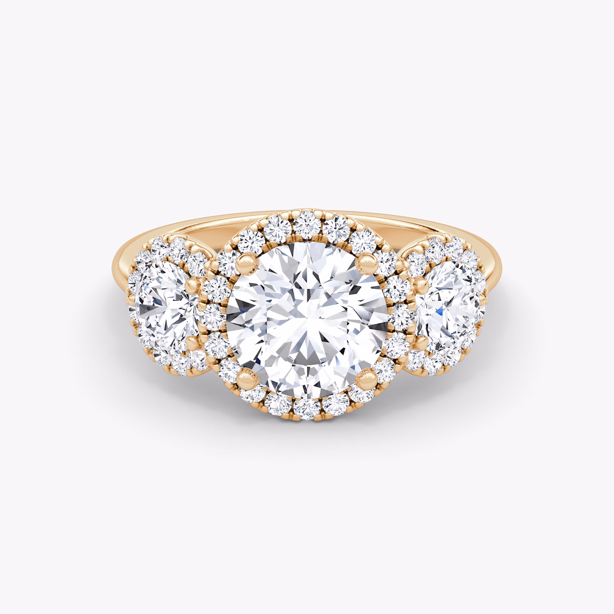 The Three Stone Halo | Round Brilliant | 14k | Rose Gold | bandAccent: Plain | caratWeight: 1.0ct | sideStoneCarat: 0.25ct | diamondOrientation: vertical