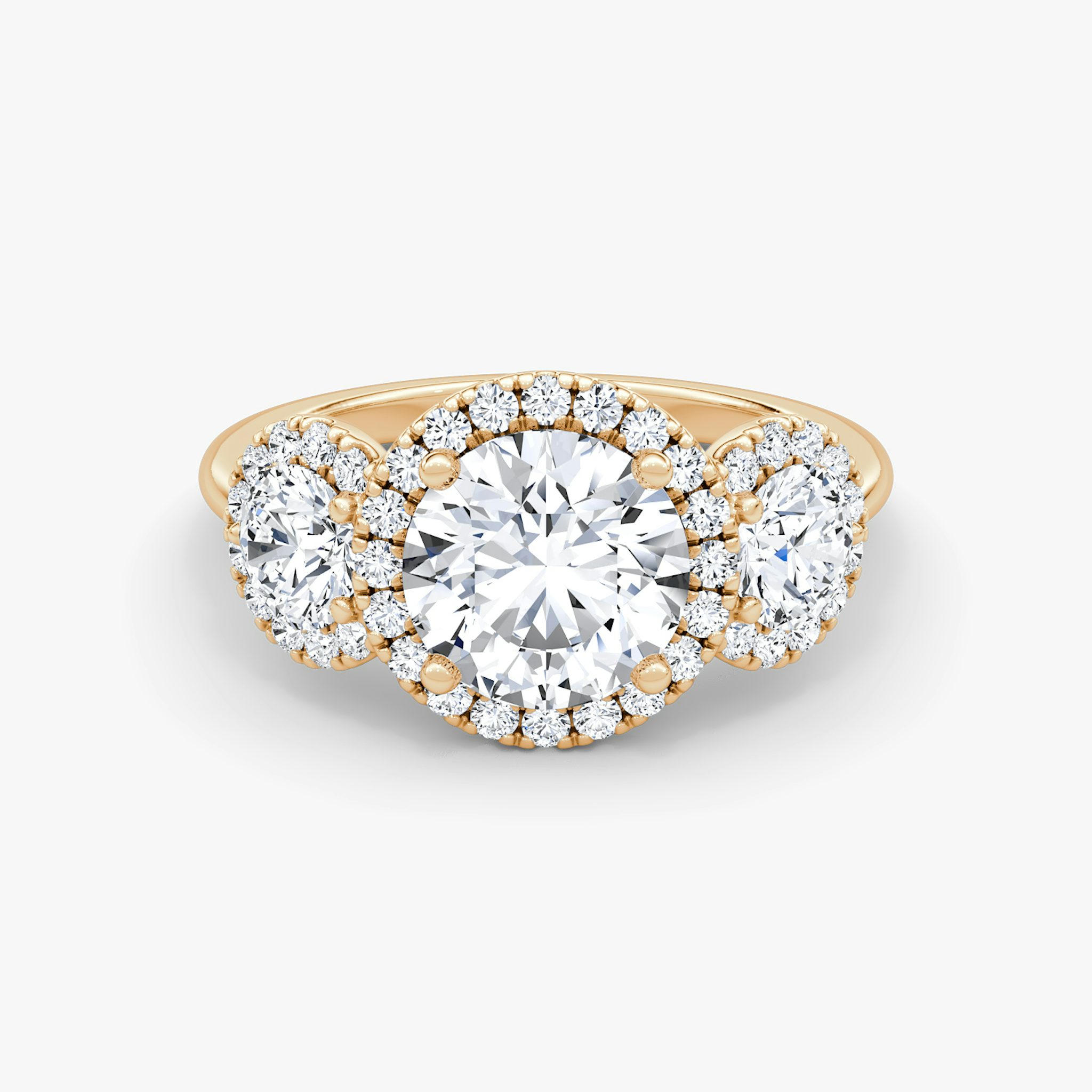The Three Stone Halo | Round Brilliant | 14k | Rose Gold | bandAccent: Plain | caratWeight: 1.0ct | sideStoneCarat: 0.25ct | diamondOrientation: vertical