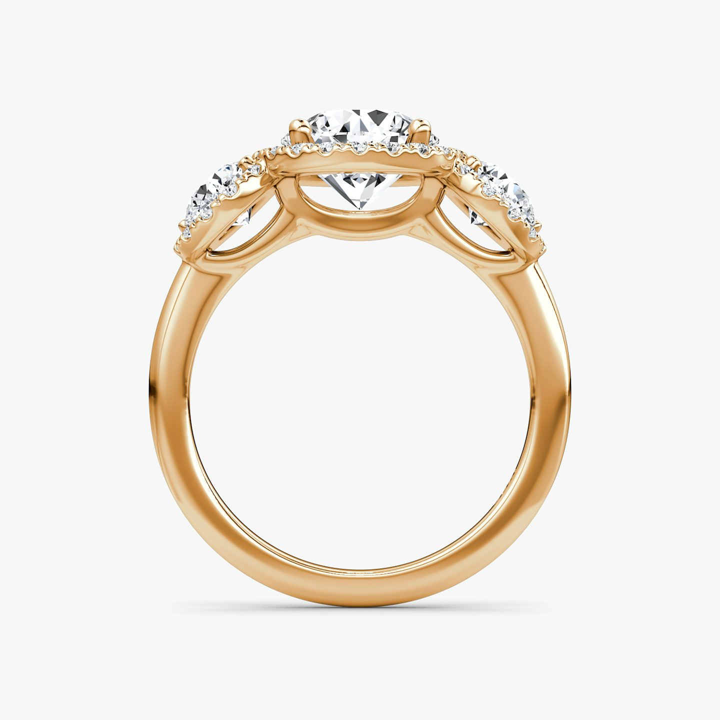 The Three Stone Halo | Round Brilliant | 14k | Rose Gold | bandAccent: Plain | caratWeight: 1.0ct | sideStoneCarat: 0.25ct | diamondOrientation: vertical
