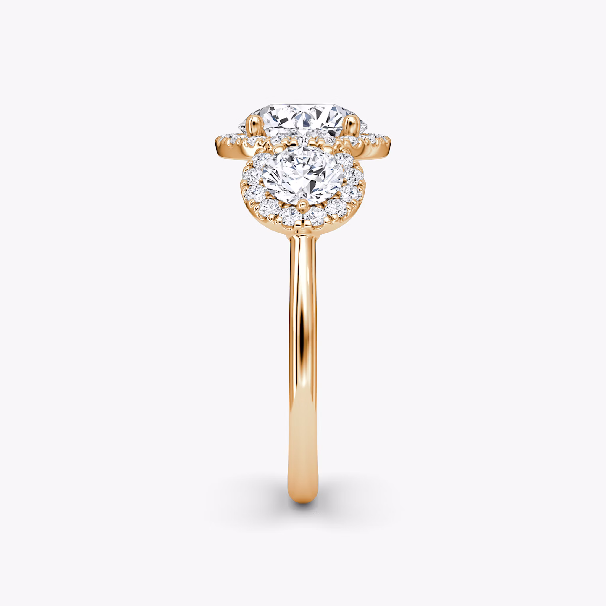 The Three Stone Halo | Round Brilliant | 14k | Rose Gold | bandAccent: Plain | caratWeight: 1.0ct | sideStoneCarat: 0.25ct | diamondOrientation: vertical