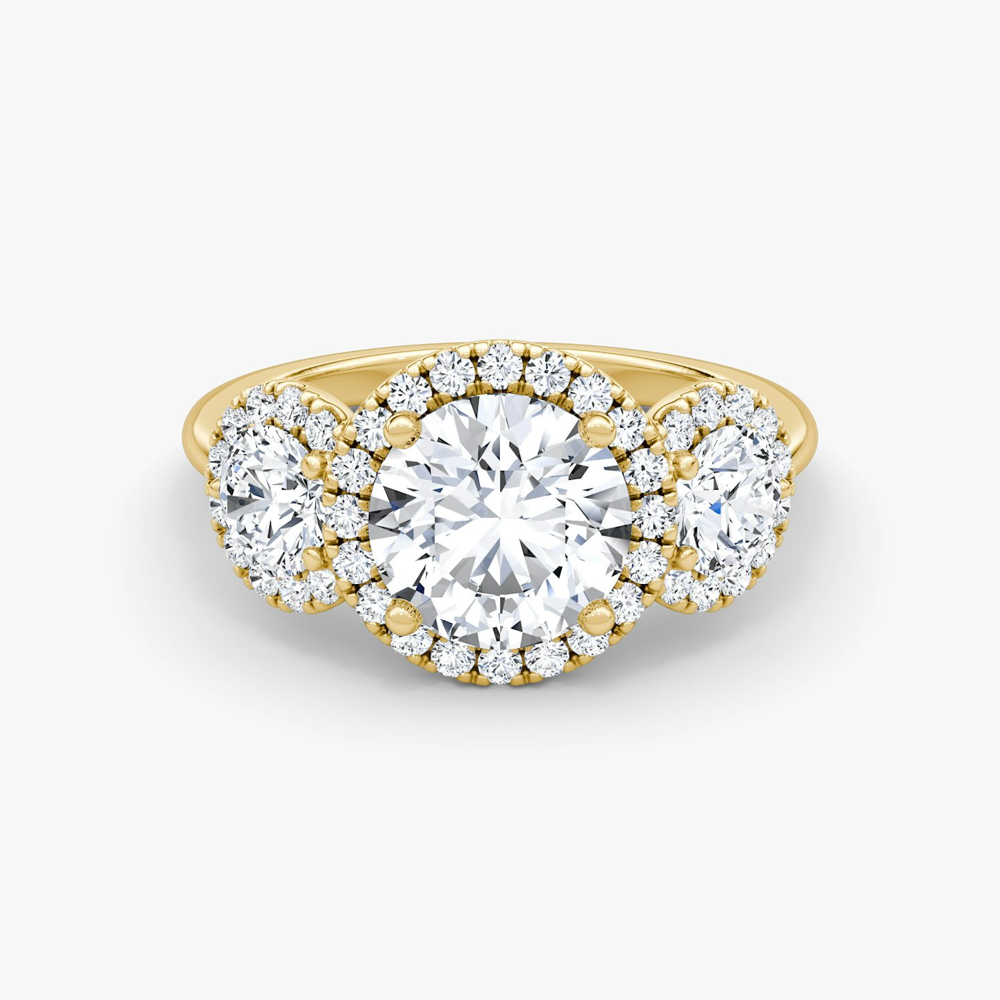 The Three Stone Halo | Round Brilliant | 18k | Yellow Gold | bandAccent: Plain | caratWeight: 1.5ct | sideStoneCarat: 0.25ct | diamondOrientation: vertical